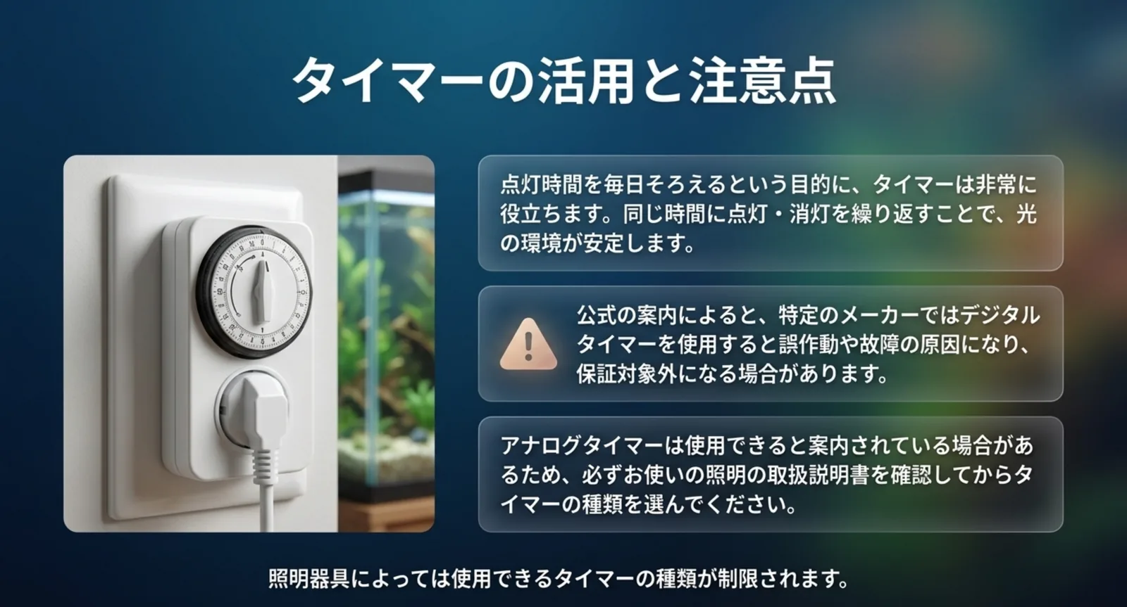 アナログタイマーの写真とともに、点灯時間をそろえる利点と、メーカーによってはデジタルタイマーが保証対象外になる点を示したスライド