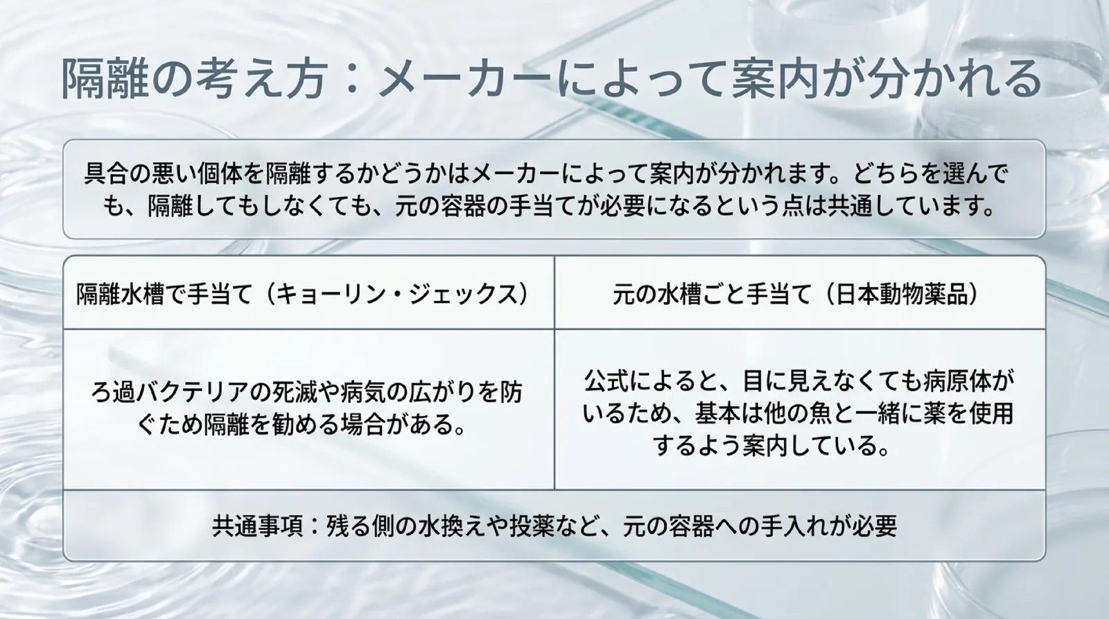 隔離水槽で手当てするキョーリンとジェックスの案内と、元の水槽ごと手当てする日本動物薬品の案内を比べ、どちらでも元の容器の手入れが要ることを示したスライド