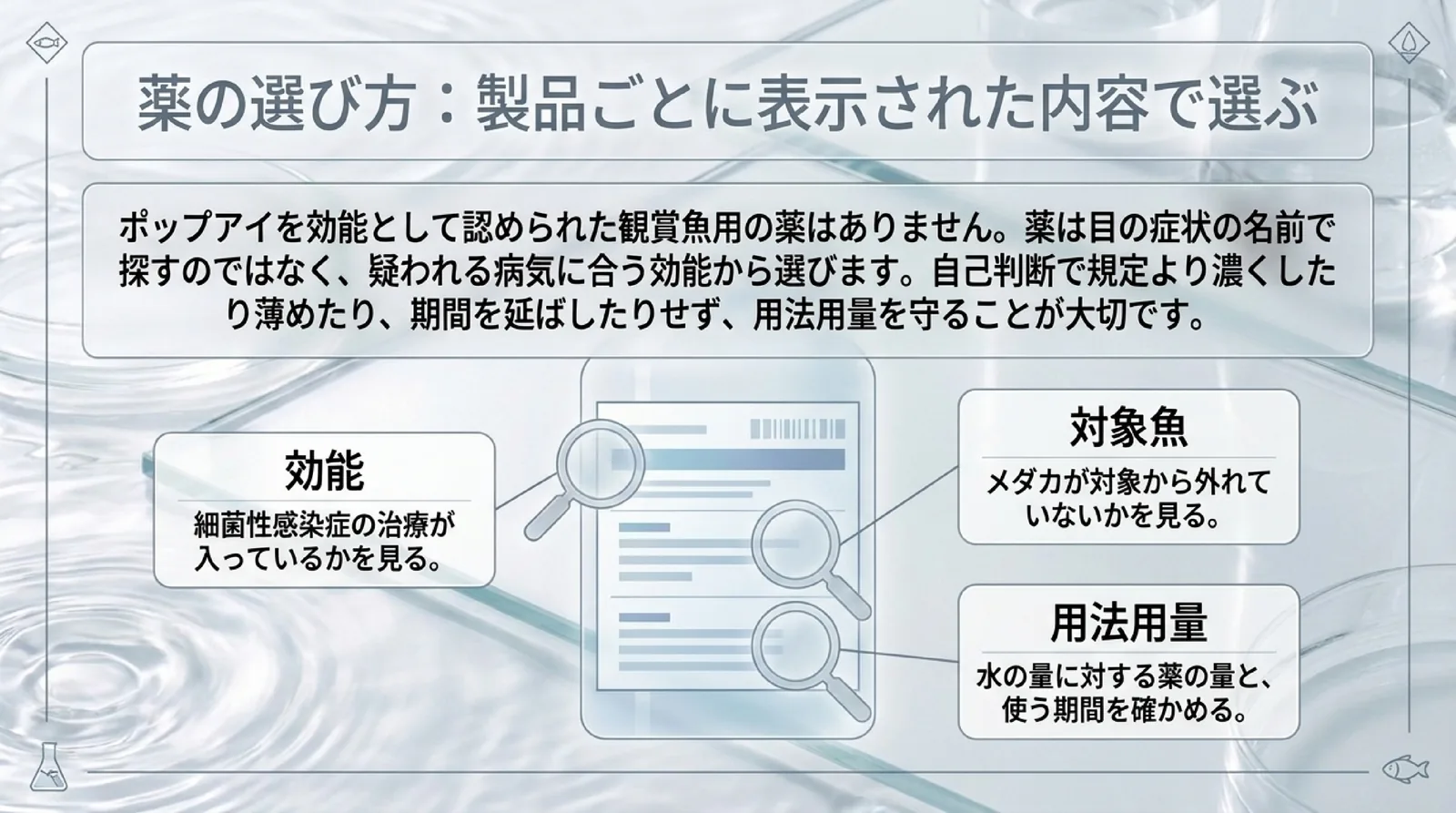 ポップアイを効能とする観賞魚用の薬はなく、細菌性感染症の効能、対象魚にメダカが入っているか、用法用量を製品表示で確かめることを示したスライド