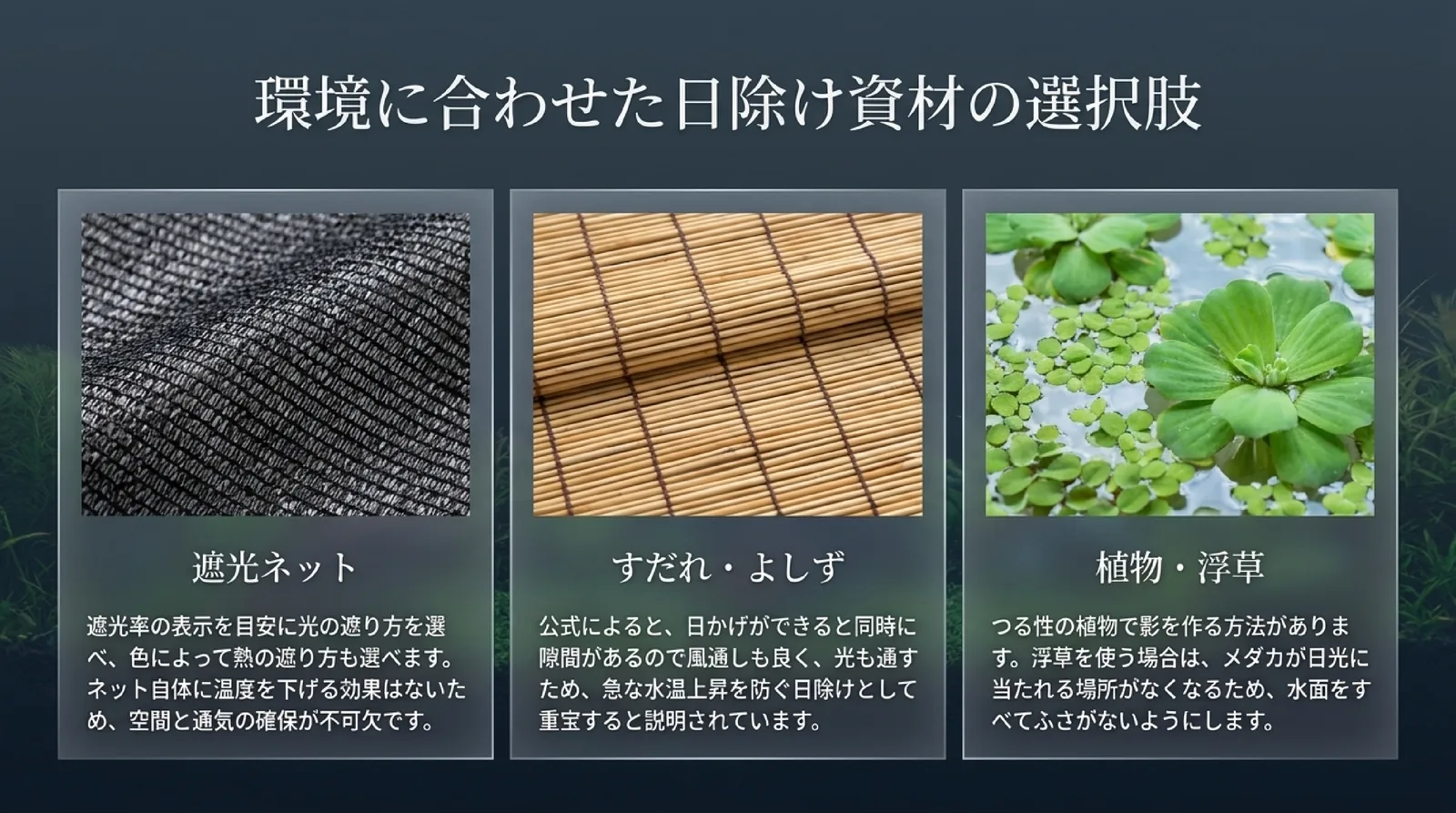遮光ネット、すだれ・よしず、植物・浮草の3つの日除けの特徴と注意点を並べたスライド
