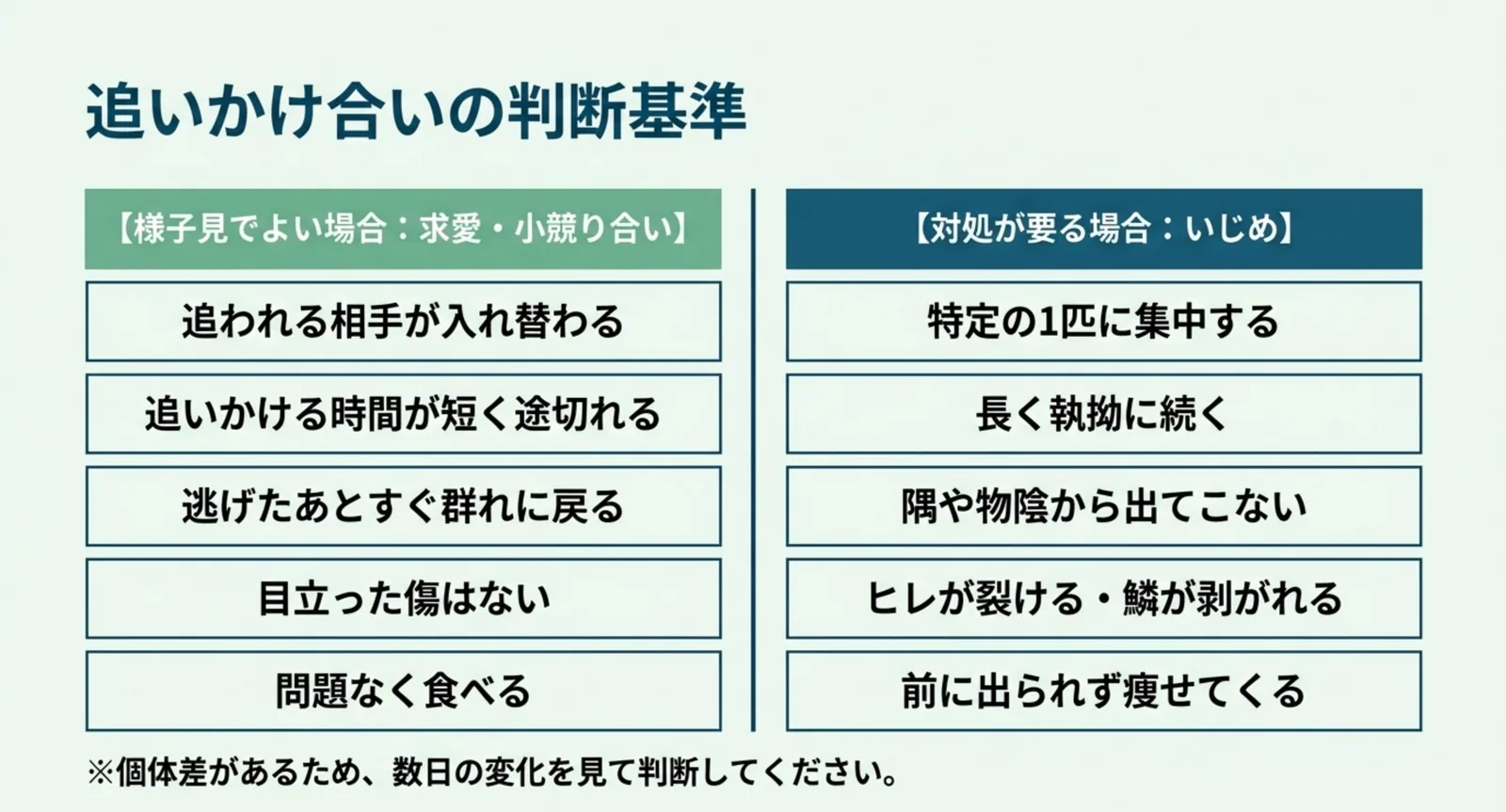 追われる相手が入れ替わるか、傷があるか、餌を食べられているかなど五つの観点で、求愛といじめを左右に並べて比べた図解のスライド