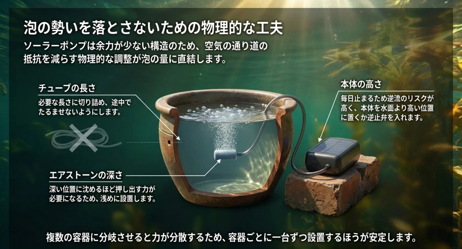 睡蓮鉢とソーラーポンプの図に、チューブの長さ・エアストーンの深さ・本体の高さという3つの調整点を書き添えたスライド
