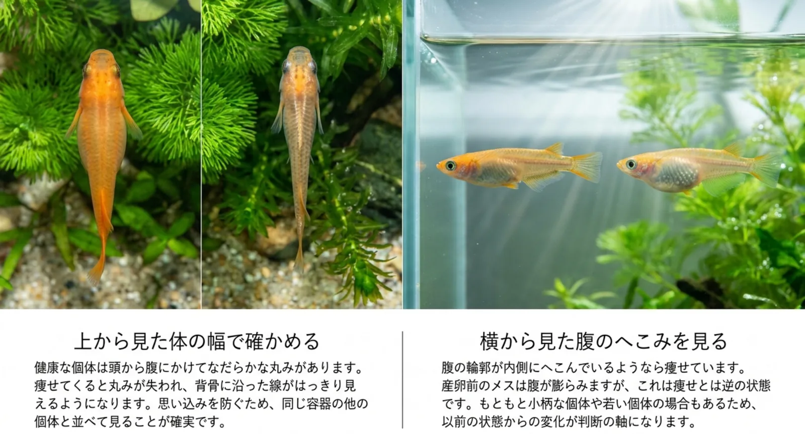 メダカを真上から見た体の幅と、横から見た腹のへこみを比べた痩せの見分け方
