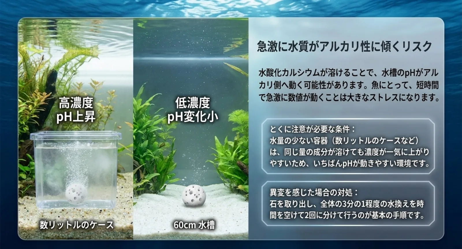 数リットルのケースと60センチ水槽で、同じ量が溶けたときの濃度の差とpHの動きやすさを比べた図