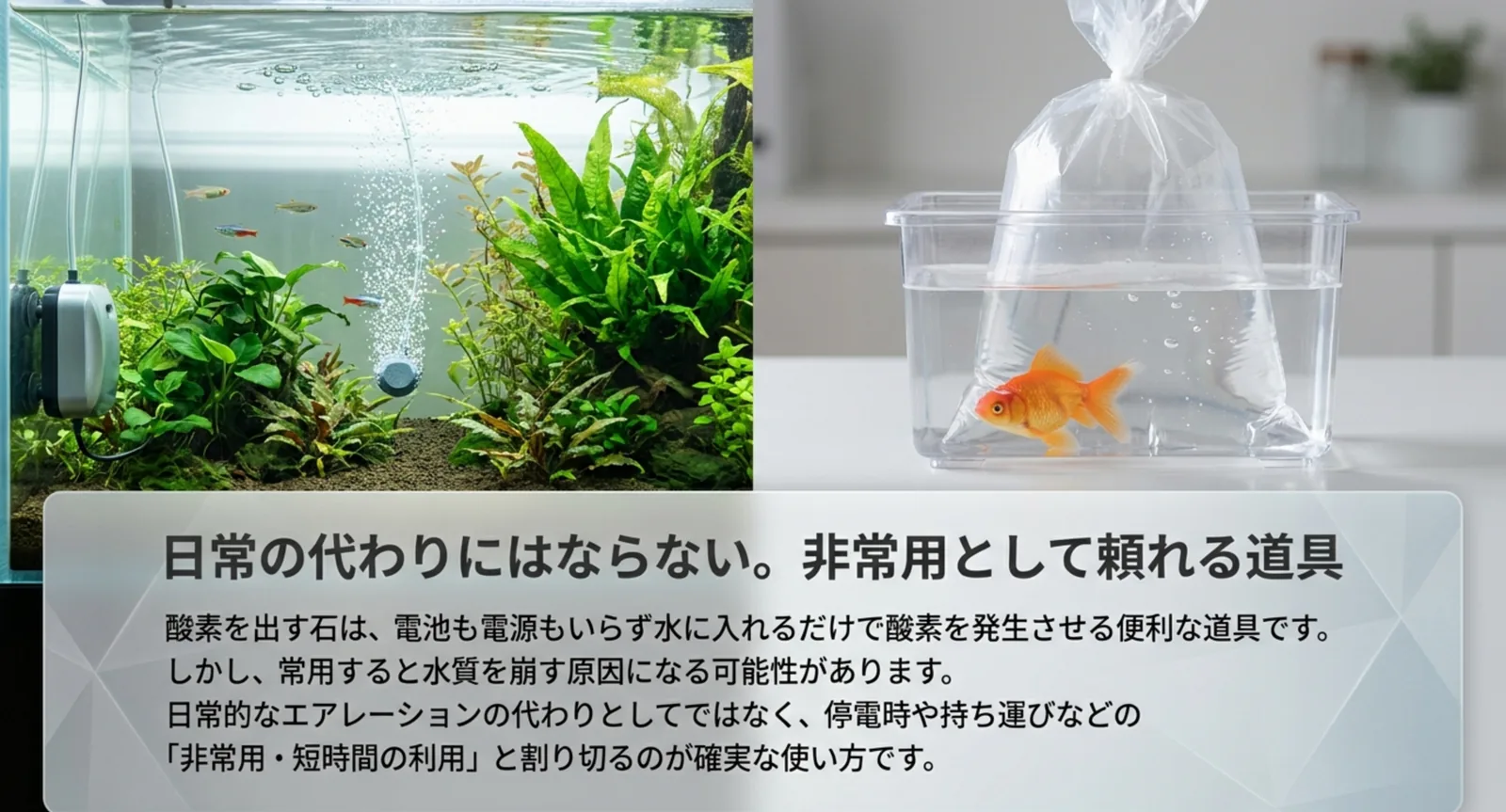 エアレーション中の水槽と持ち運び用の容器を並べ、酸素を出す石を非常用と位置づけて説明したスライド