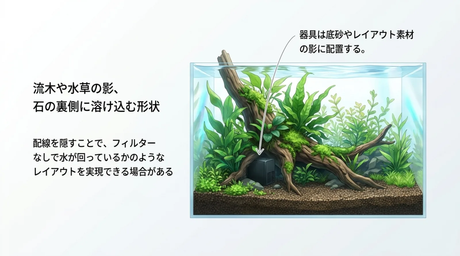 流木と水草の陰に小さな黒いフィルター本体を置いた水槽の図とともに、器具を底砂やレイアウト素材の影に配置すると水景に溶け込むことを示したスライド