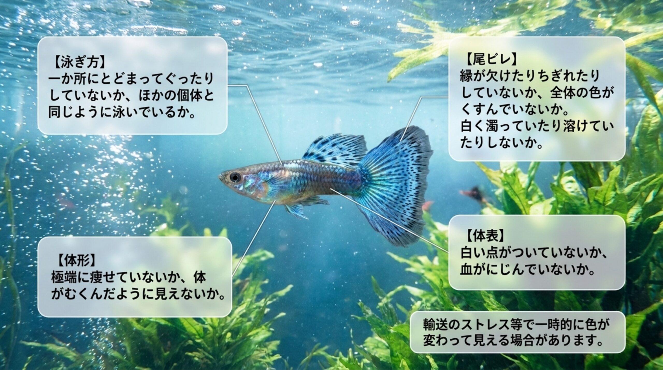 泳ぎ方・体形・尾ビレ・体表の4か所で、購入前に健康な個体かを確かめるポイントを示したスライド