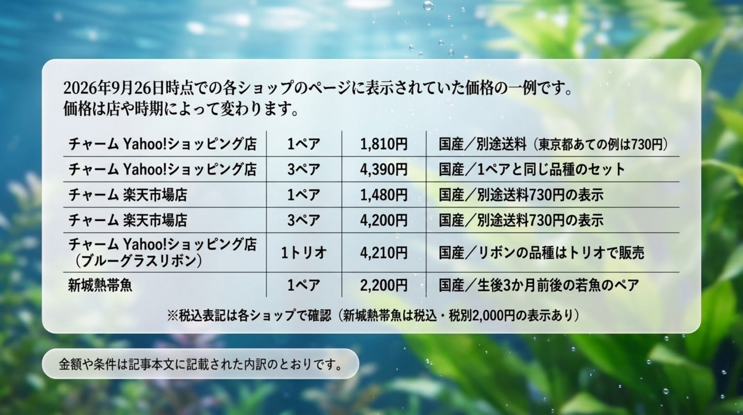2026年9月26日時点のショップごとのブルーグラスグッピーの数量と価格の例をまとめた表のスライド