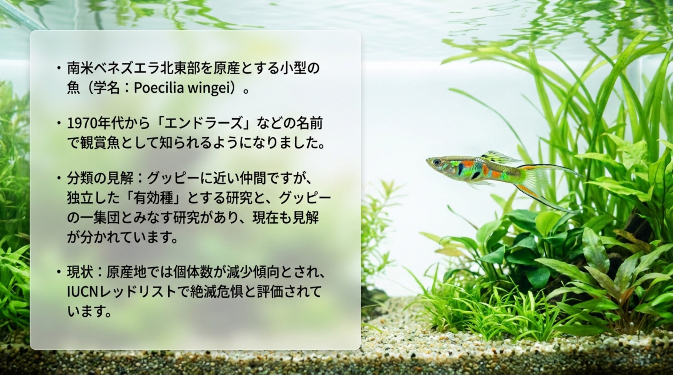 エンドラーズがベネズエラ北東部原産の小型の魚で、分類の見解が分かれ、IUCNレッドリストで絶滅危惧とされていることをまとめたスライド