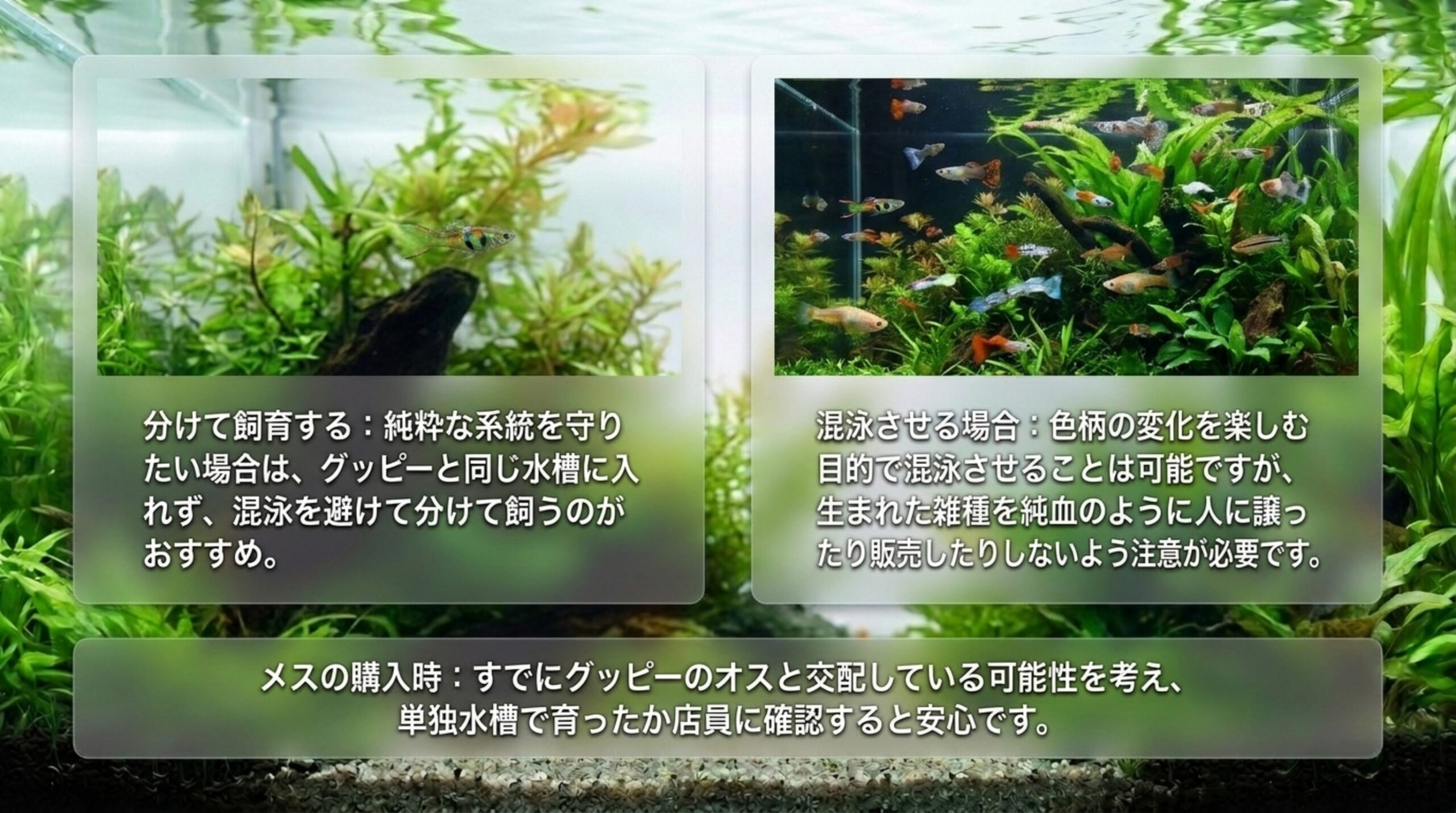 系統を守るならグッピーと分けて飼うこと、混泳させる場合の注意、メスを買うときの確認点をまとめたスライド