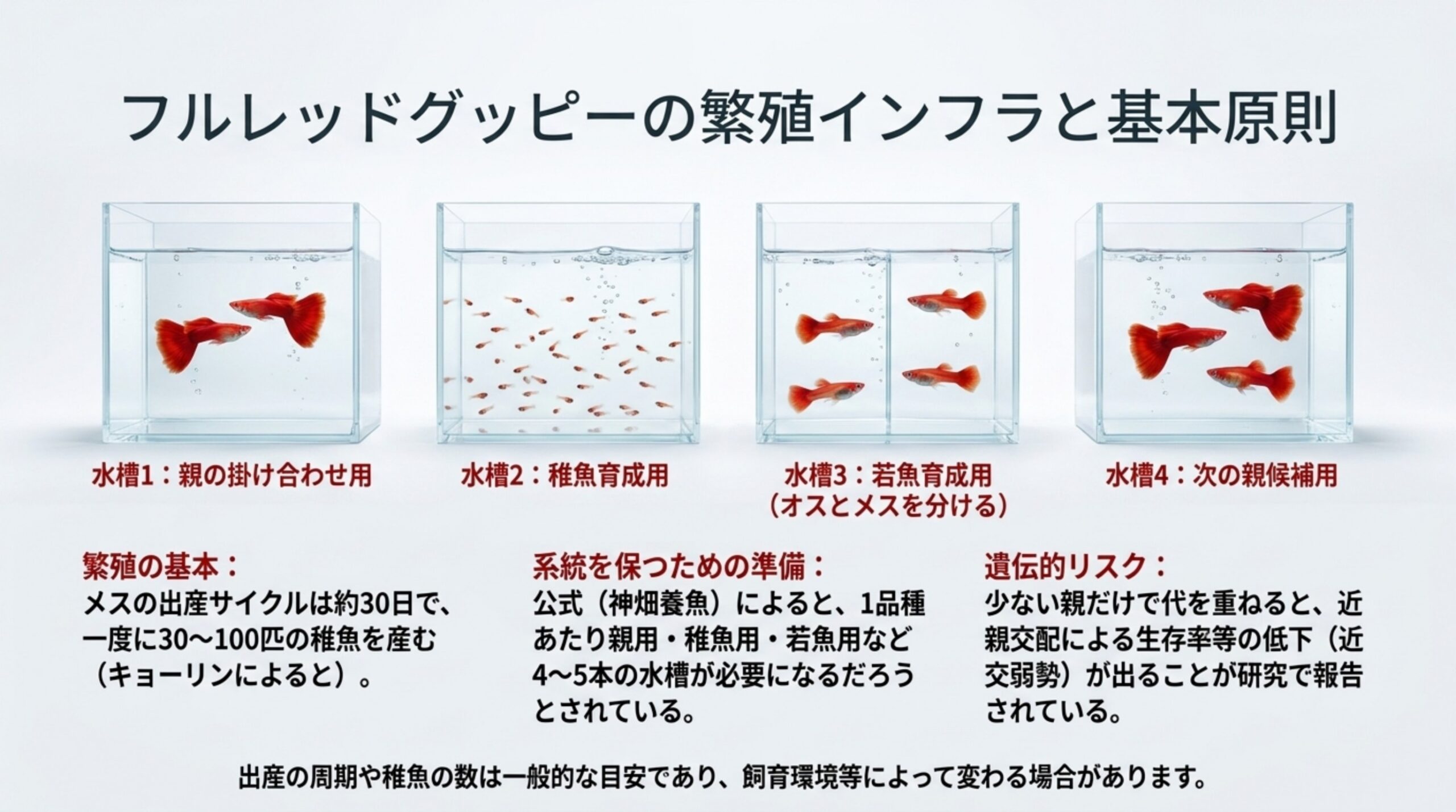 親の掛け合わせ用・稚魚育成用・若魚育成用・次の親候補用の4つの水槽と、出産の周期や近交弱勢の注意をまとめたスライド