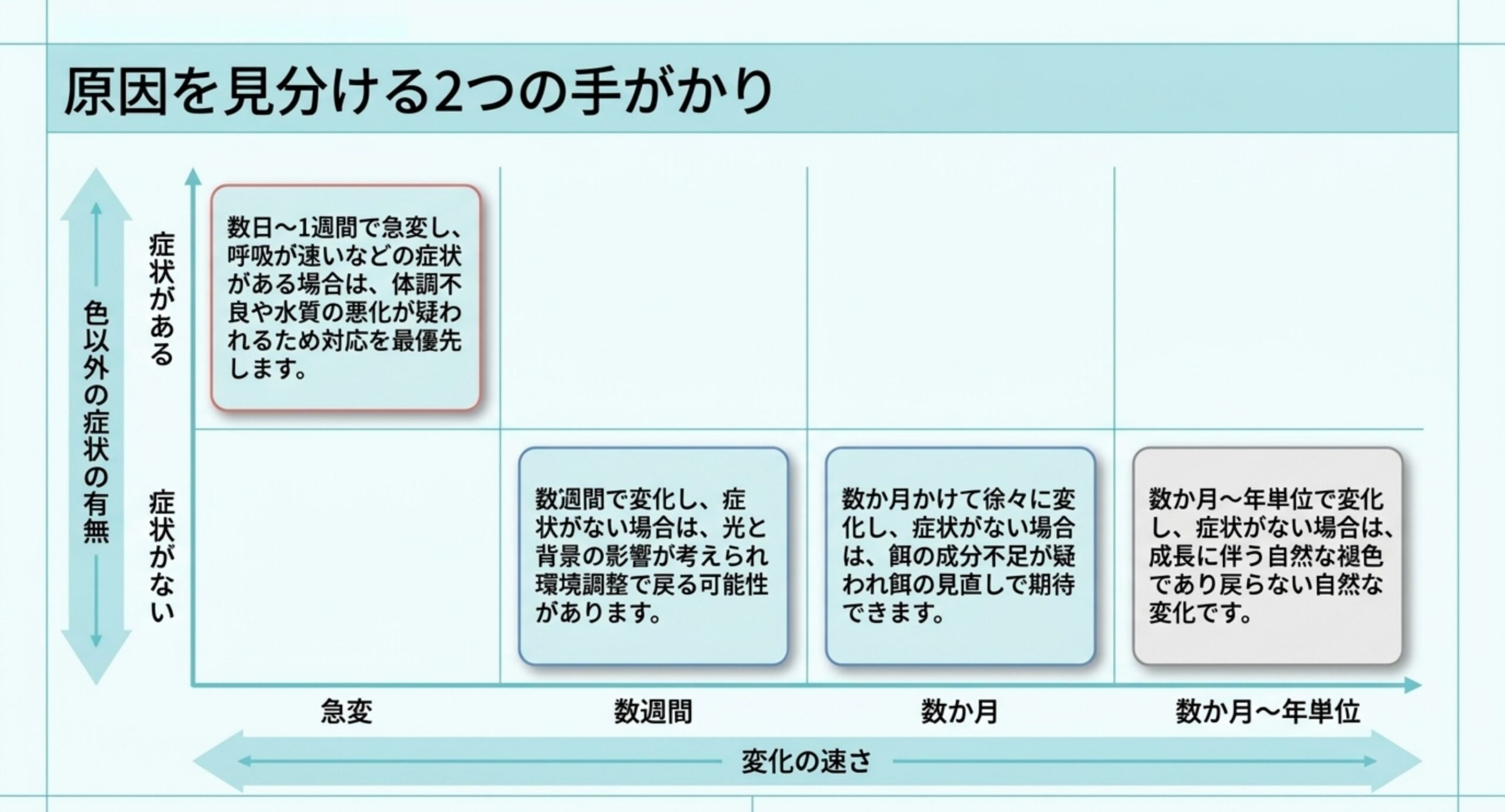 色の変化の速さを横軸、色以外の症状の有無を縦軸にして、疑う原因が変わることを示した図のスライド