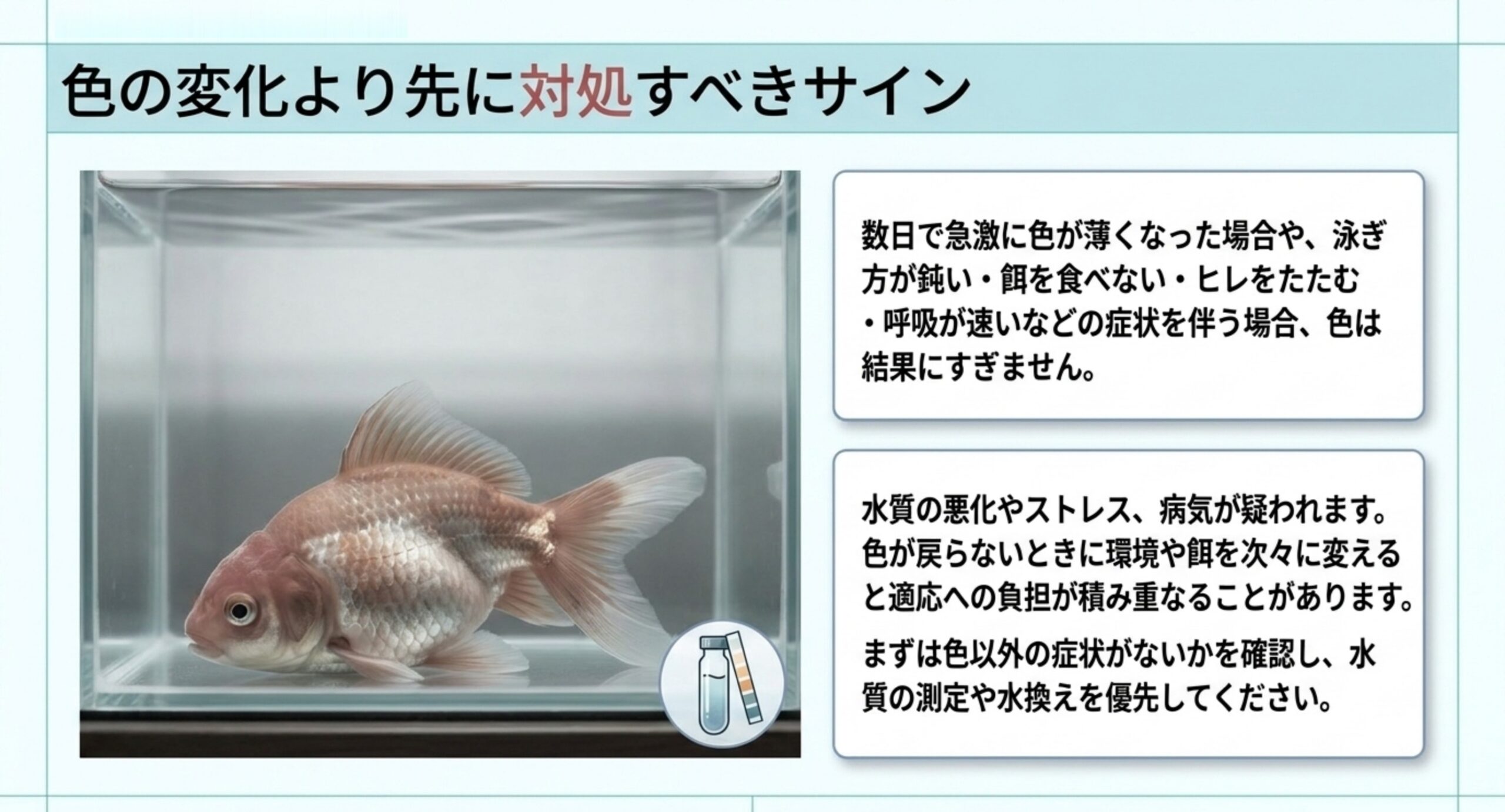 数日で急に色が薄くなり泳ぎ方や食欲にも変化がある場合は、色より先に水質や体調を確認すると示したスライド
