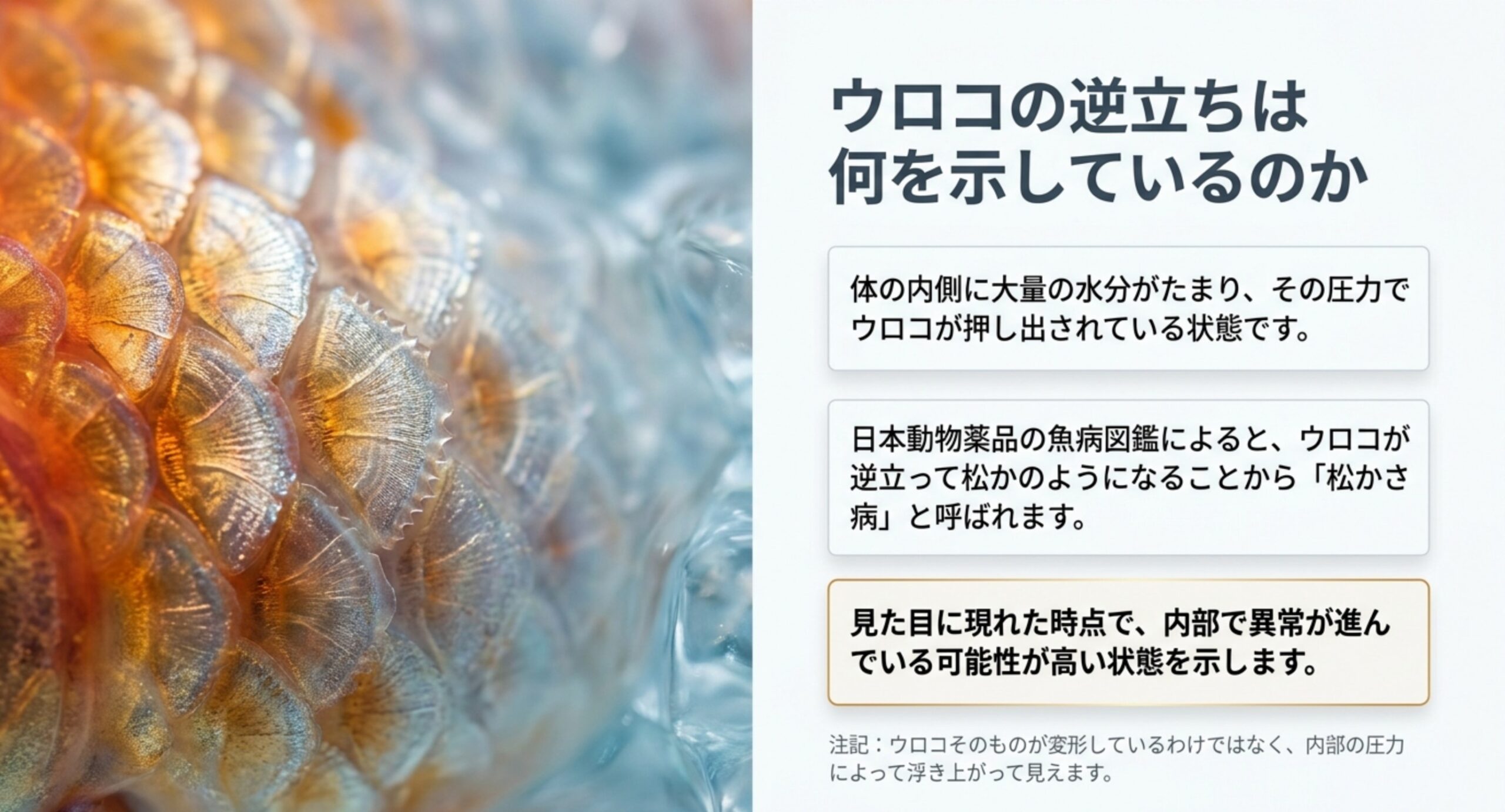 体の内側にたまった水分の圧力でウロコが押し出される仕組みを、ウロコの拡大写真とともに説明したスライド