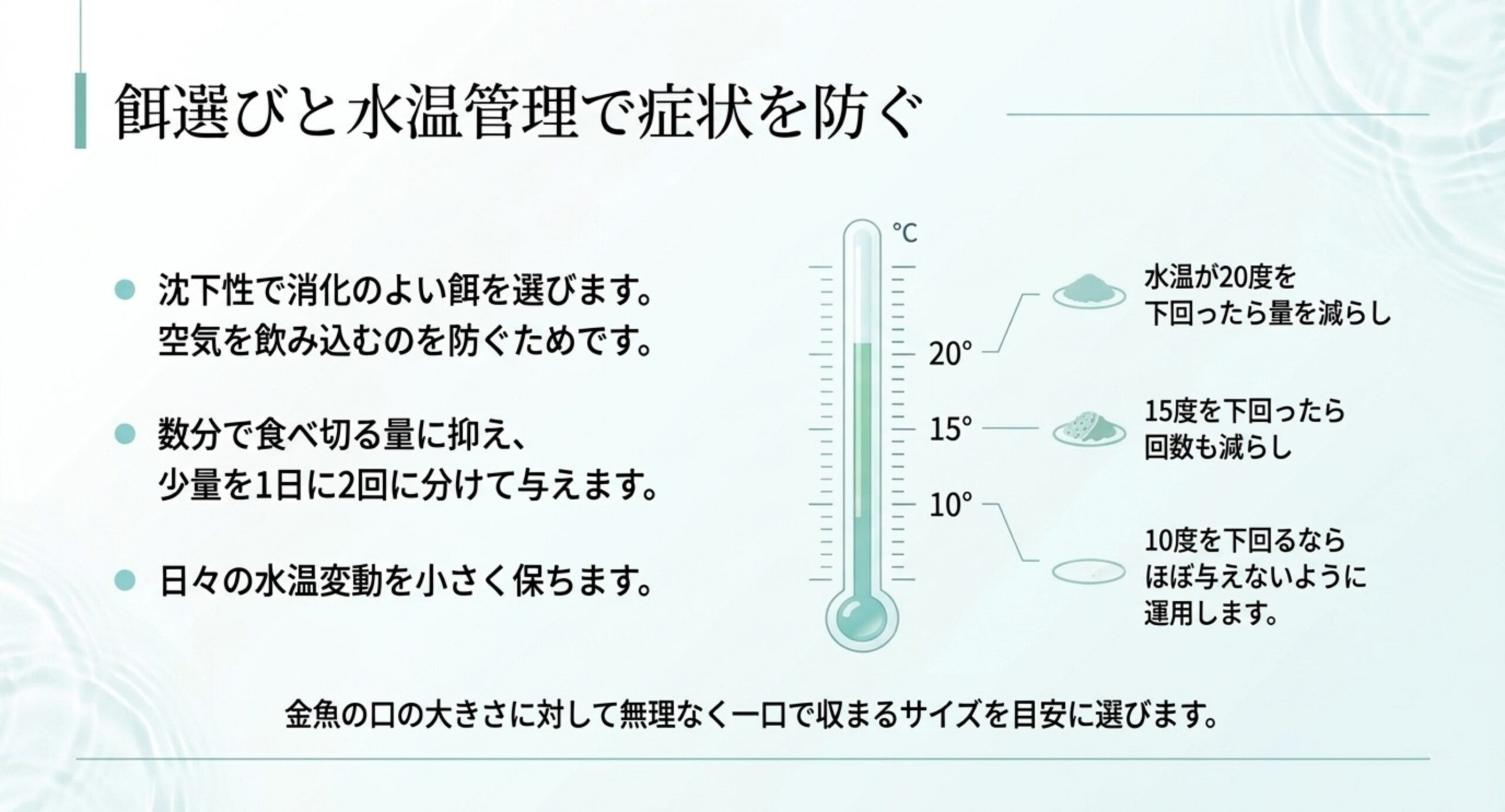 沈下性の餌を選ぶことと、水温が20度・15度・10度を下回ったときの餌の減らし方を示したスライド