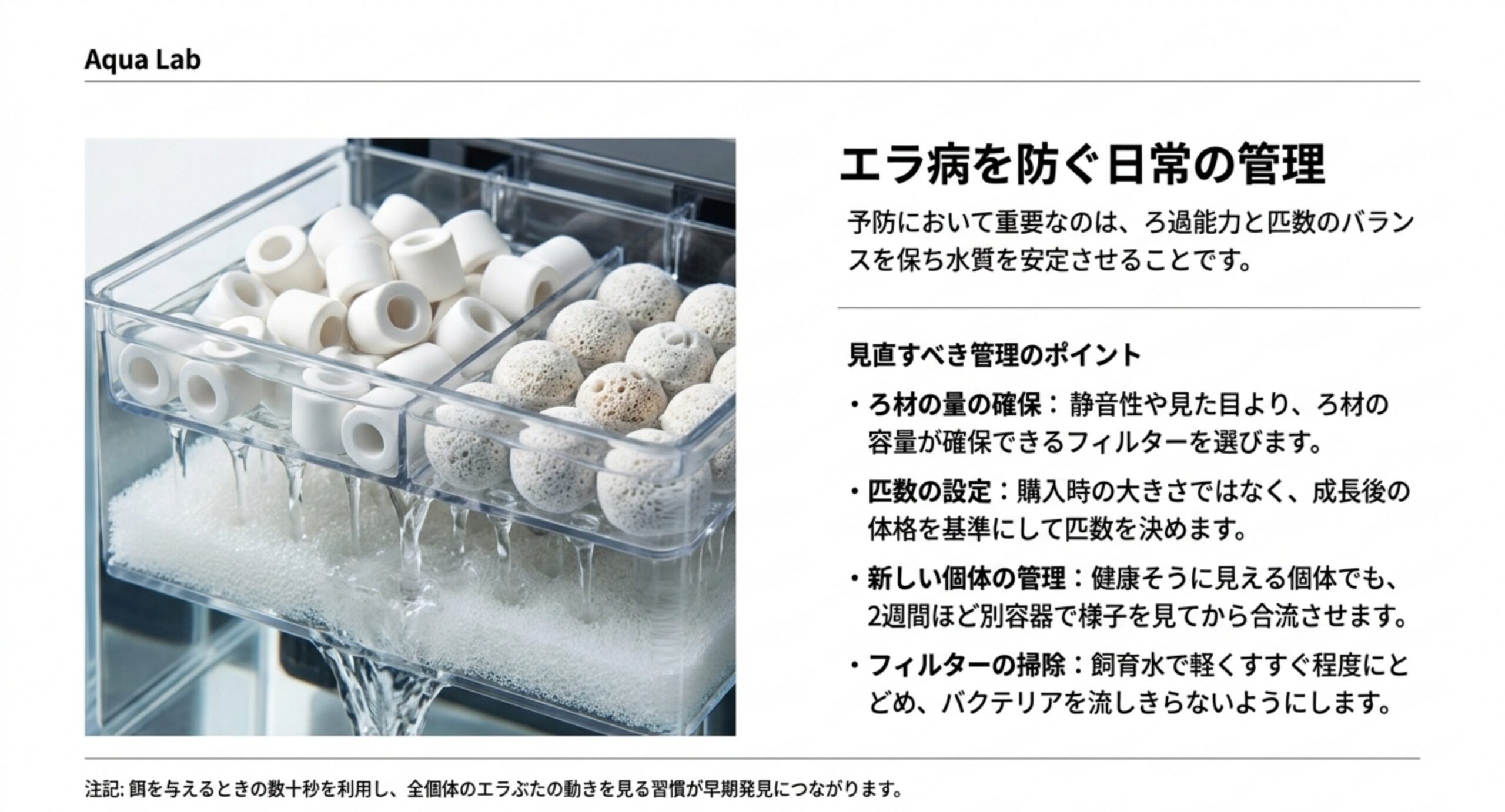 ろ材の量・匹数の設定・新しい個体の管理・フィルターの掃除という日常管理の4点を並べたスライド