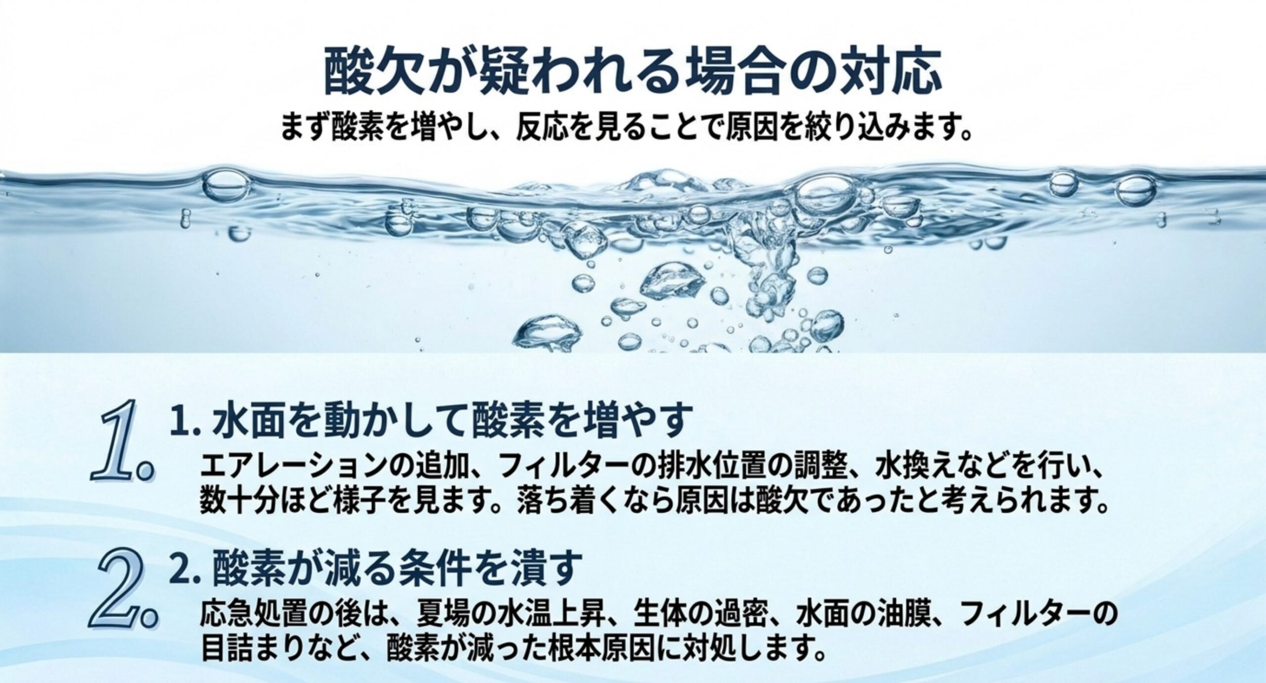 水面を動かして酸素を増やす応急処置と、酸素が減る条件を潰す根本対策の2段階を示したスライド