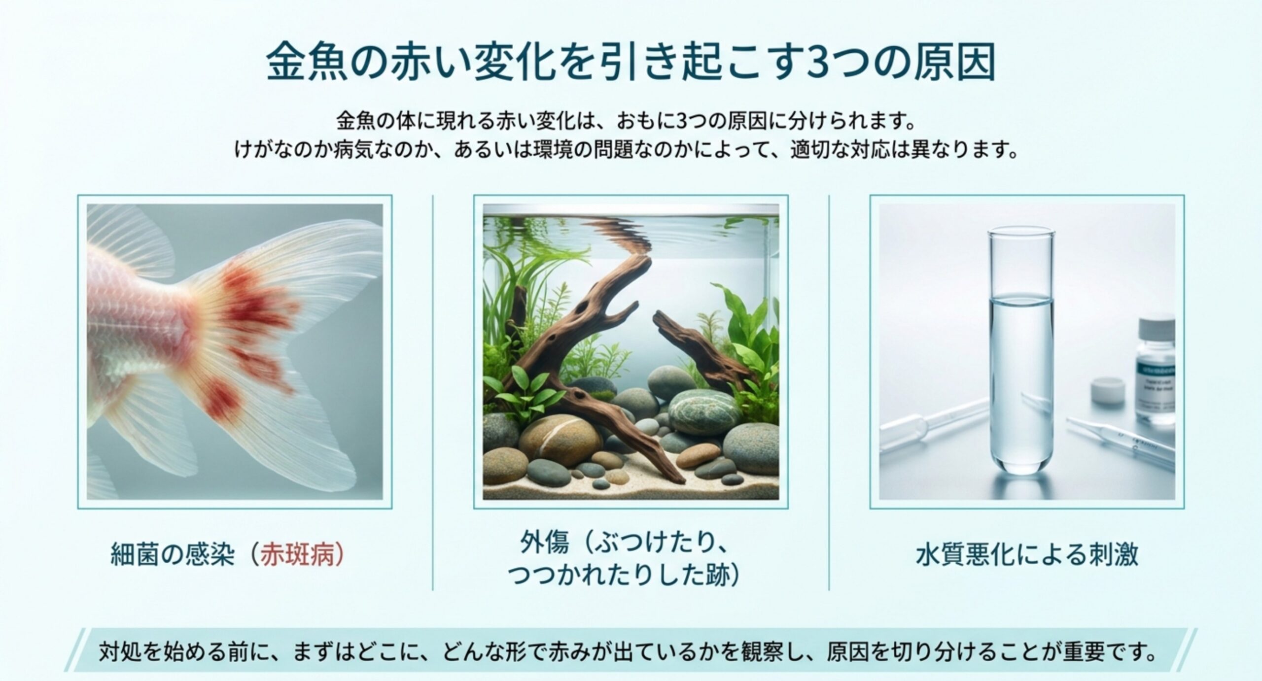 細菌の感染・外傷・水質悪化による刺激という、金魚の体が赤くなる3つの原因を並べたスライド