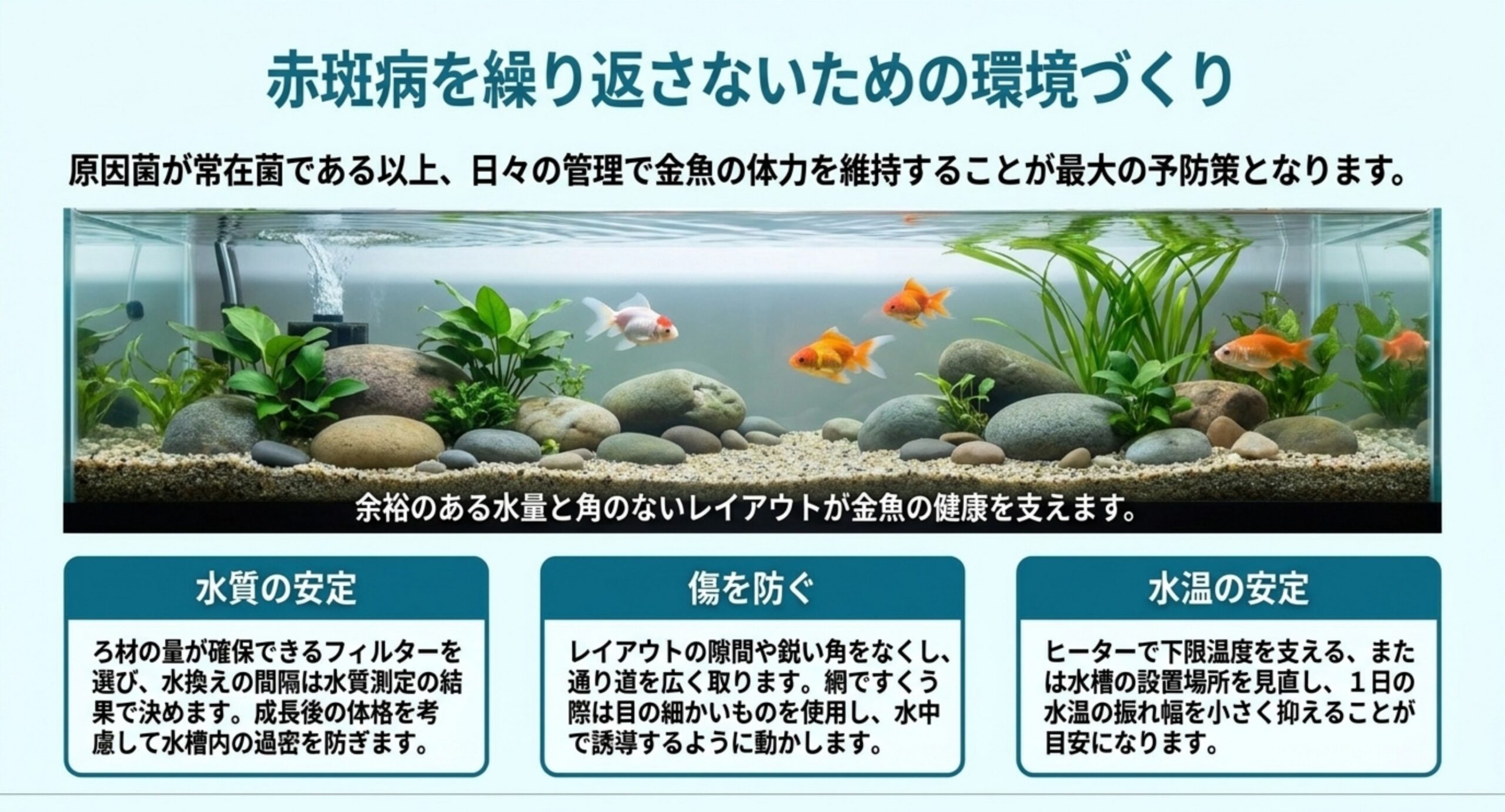水質の安定・傷を防ぐレイアウト・水温の安定という3つの環境づくりの要点を並べたスライド