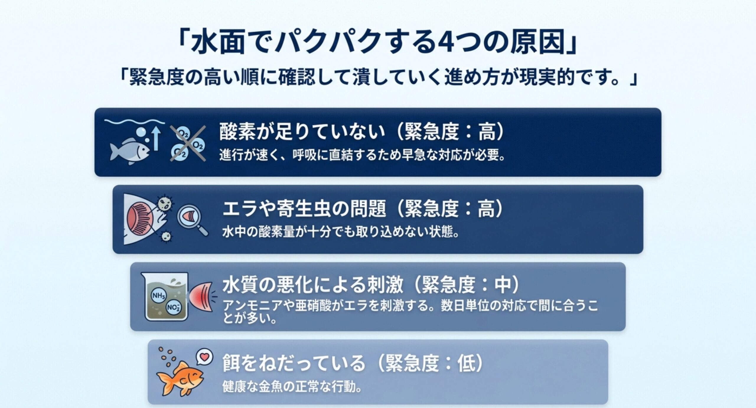 酸素不足・エラや寄生虫の問題・水質の悪化・餌の要求という4つの原因を緊急度の高い順に並べたスライド