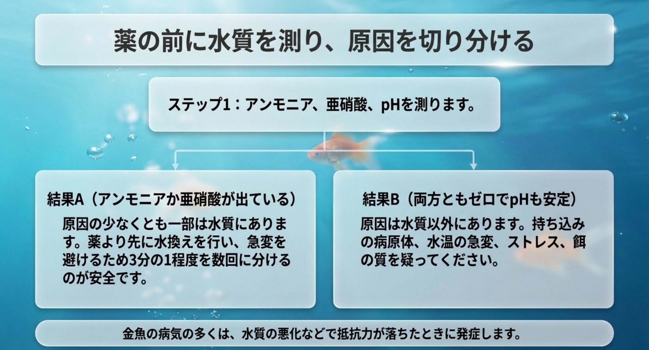 アンモニア・亜硝酸・pHを測り、結果Aと結果Bで対応が分かれることを示した分岐図のスライド
