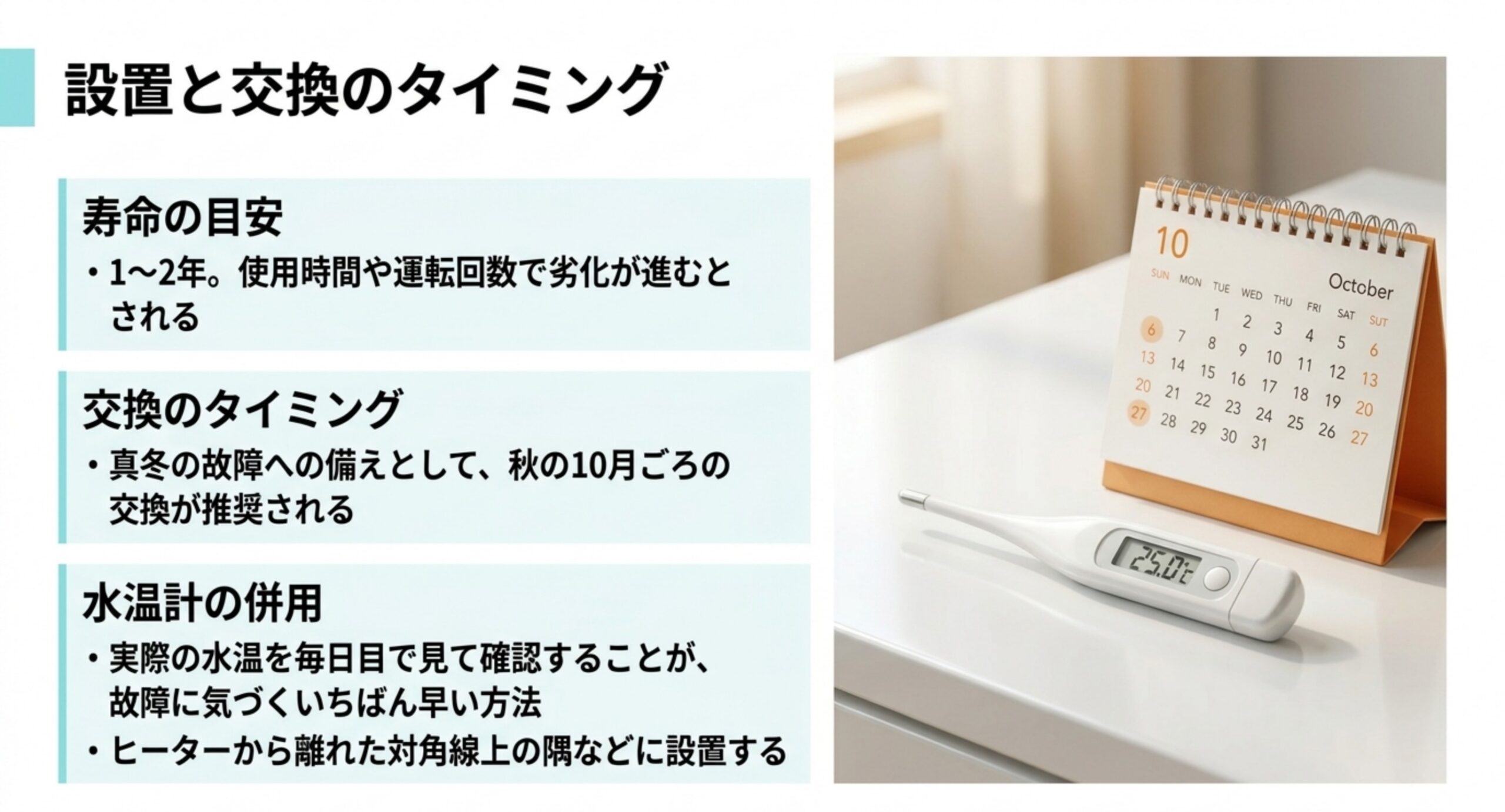 カレンダーと水温計の写真とともに、寿命1〜2年という目安と秋の交換、水温計をヒーターから離して設置する要点を並べたスライド