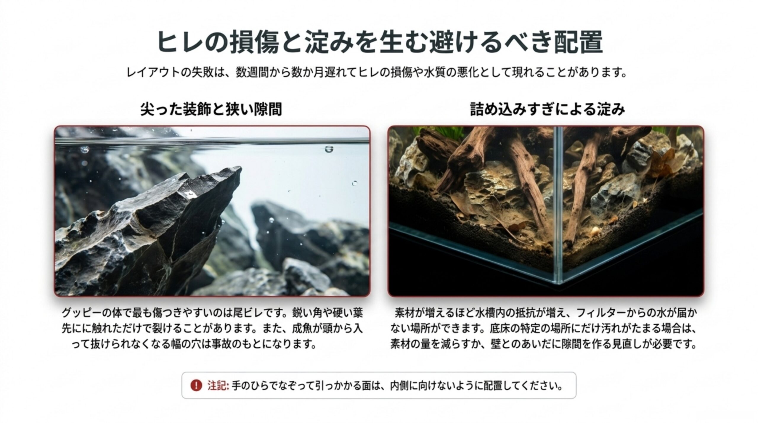 尖った装飾や狭い隙間がヒレの損傷や事故につながること、詰め込みすぎが水の届かない淀みを生むことを写真で示したスライド