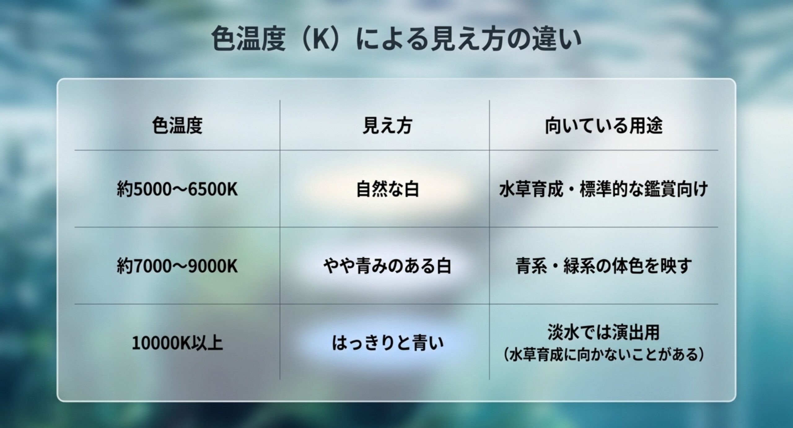 照明の色温度ごとの見え方と向いている用途を、約5000〜6500K・約7000〜9000K・10000K以上の3段階で比較した表のスライド