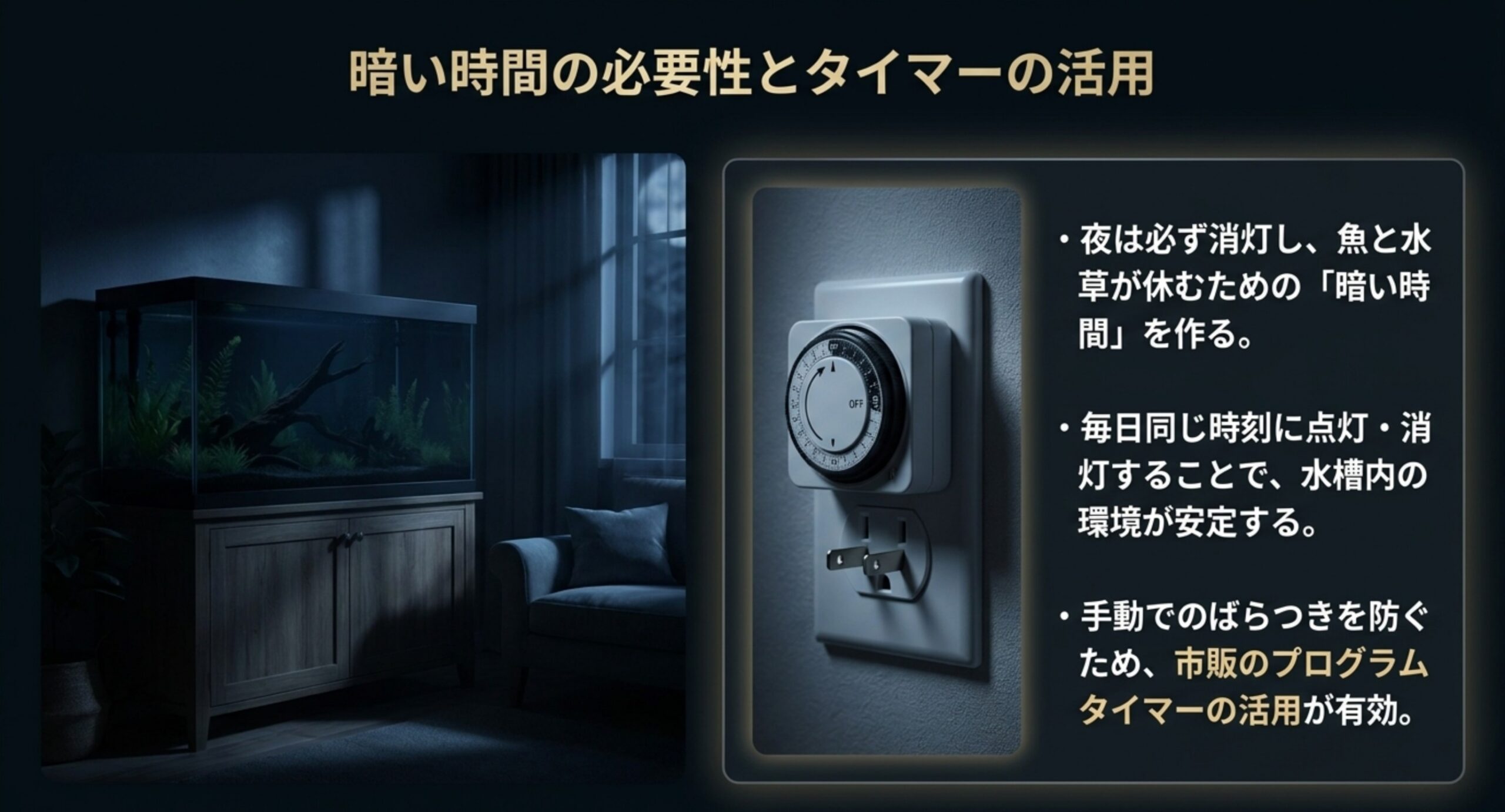 消灯した夜の水槽とコンセントに挿したプログラムタイマーの写真とともに、暗い時間を作る理由と毎日同じ時刻に点灯消灯する効果を示したスライド