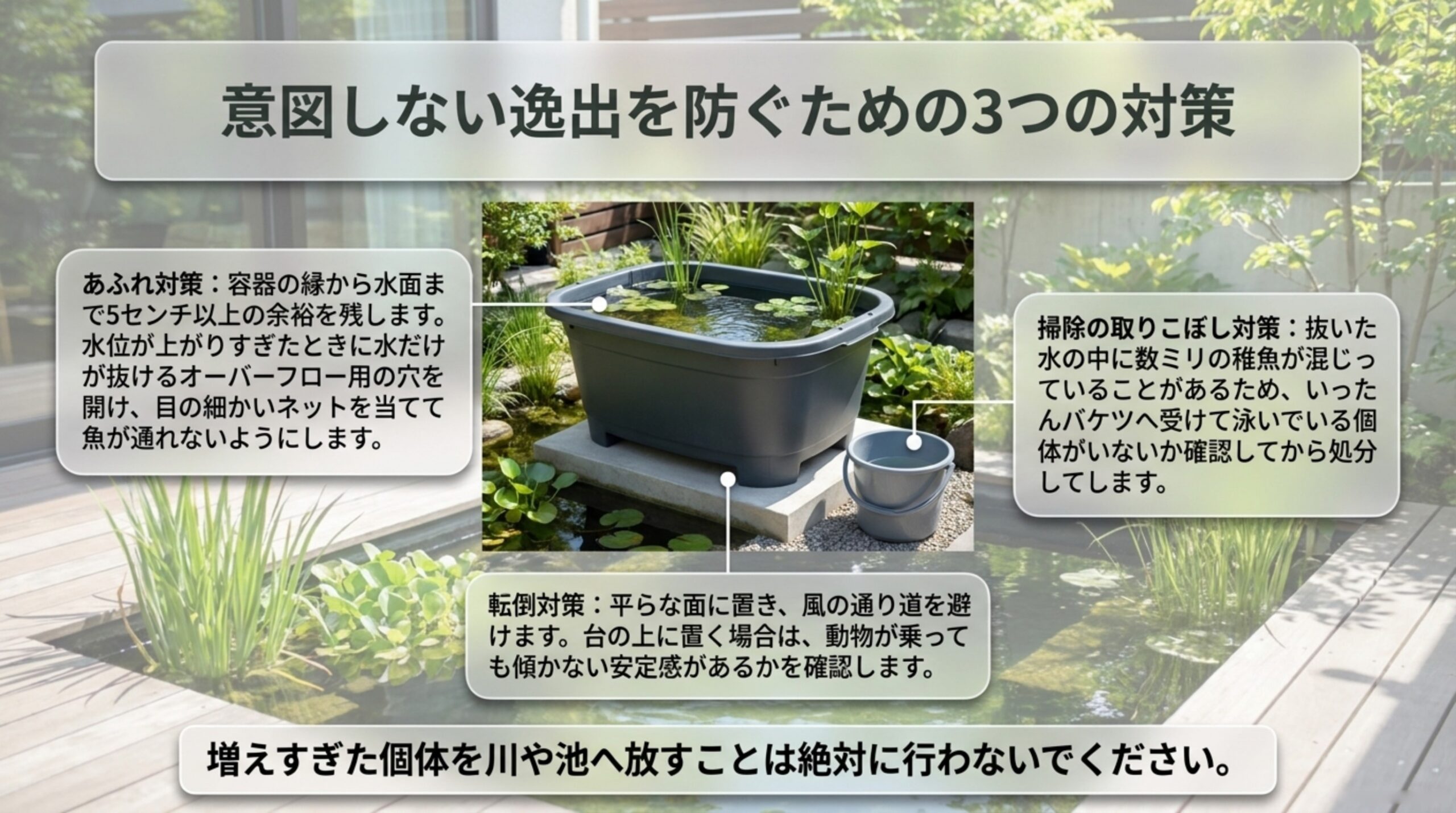 容器の縁に余裕を残すあふれ対策、平らな面へ置く転倒対策、抜いた水を確認してから処分する掃除の取りこぼし対策という3点を示したスライド