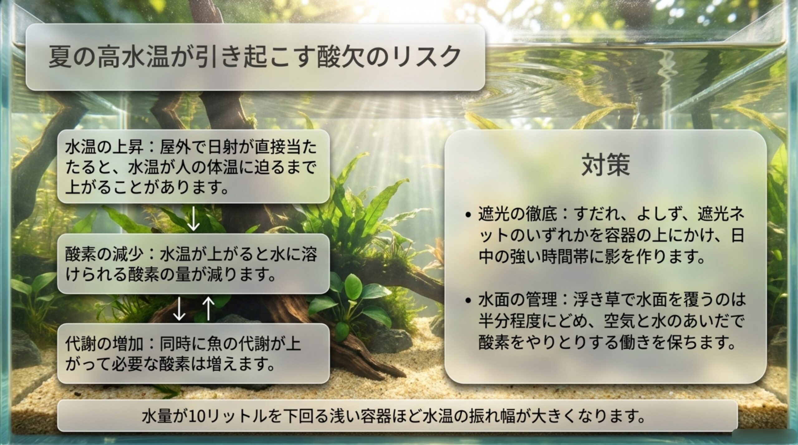 直射日光による水温上昇で水に溶ける酸素が減り魚の代謝も上がるという関係と、遮光の徹底や水面の管理という対策をまとめたスライド