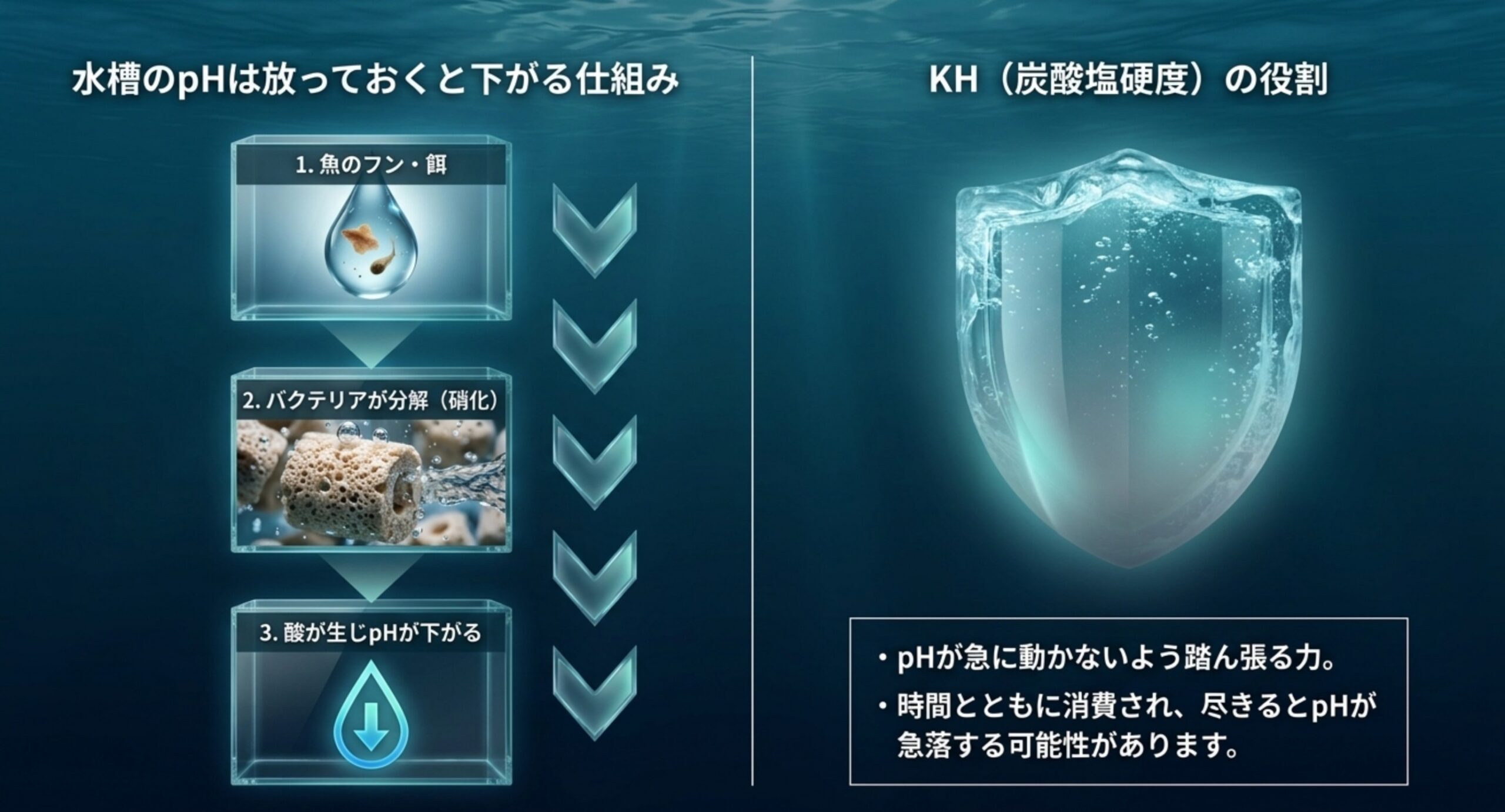 魚のフンや餌からバクテリアの分解を経て酸が生じpHが下がる流れを3段階で示し、その動きを踏みとどまらせるKHの役割を盾の図で表したスライド