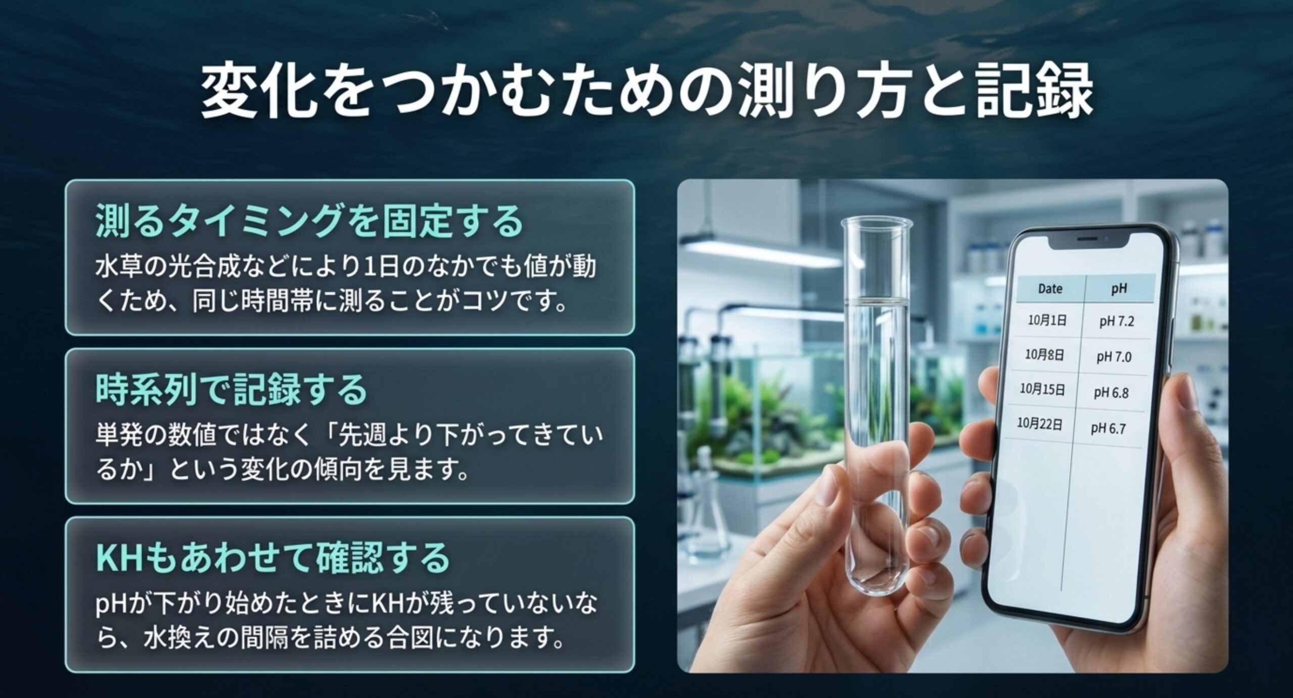 測るタイミングの固定・時系列での記録・KHの併用という3つのコツを、試験管とpHの記録表を表示したスマートフォンの写真とともに示したスライド