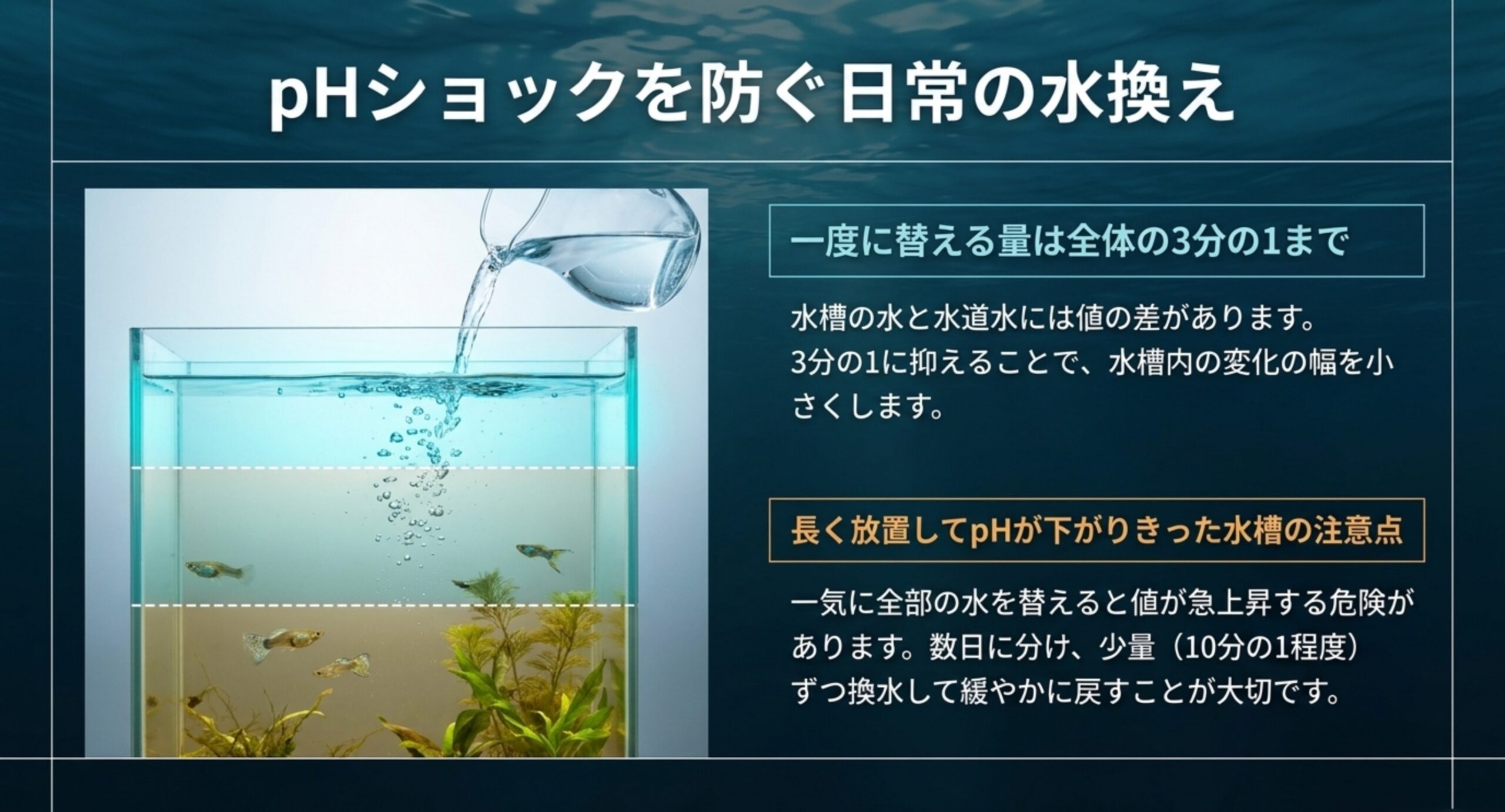 水槽に水を注ぐ写真とともに、一度に替える量は全体の3分の1までという原則と、長く放置した水槽では10分の1程度ずつ数日に分ける注意点を示したスライド