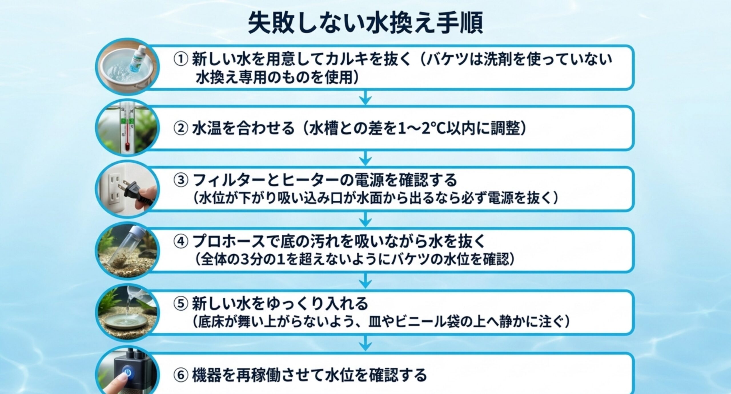 カルキ抜きから水温合わせ、電源の確認、底の汚れの吸い出し、注水、機器の再稼働までの6ステップを写真つきの流れ図で示したスライド