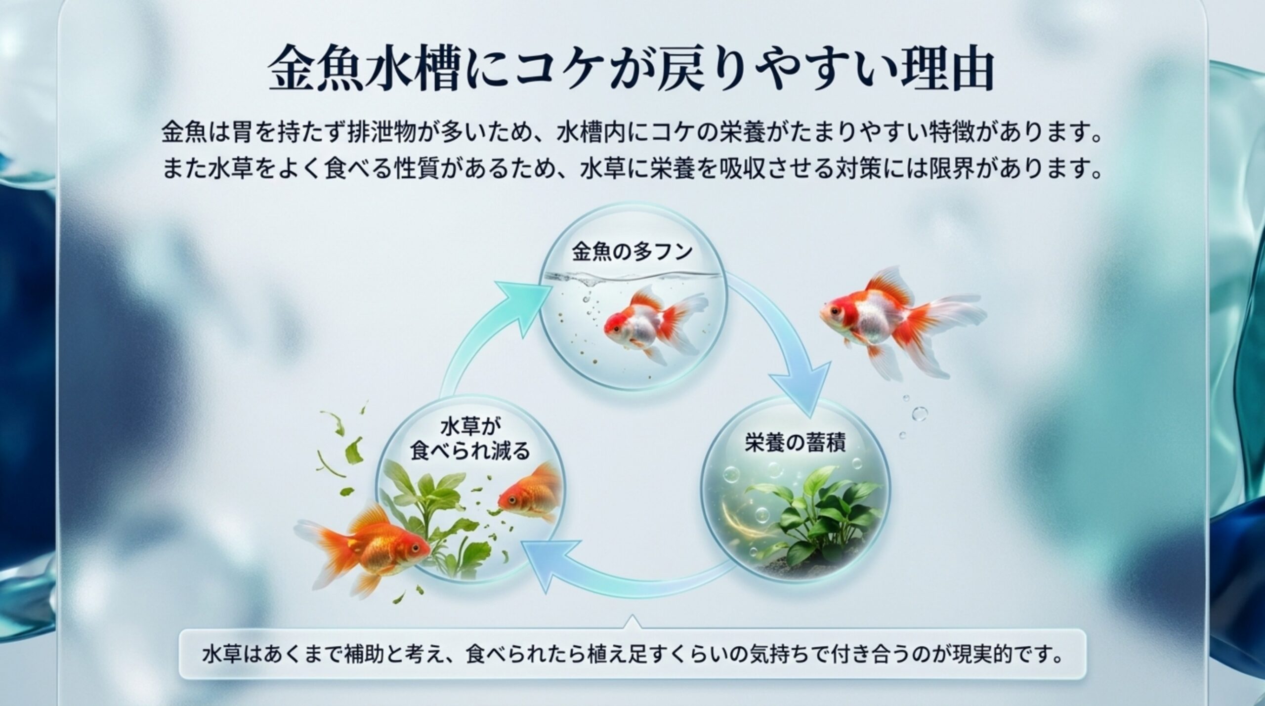 金魚はフンが多く栄養がたまりやすいことと、水草を食べるため水草で栄養を吸わせる対策に限りがあることを示した図のスライド