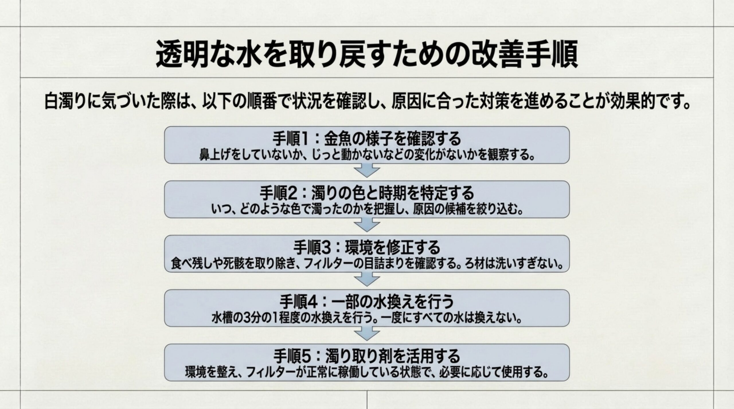 金魚の様子を確認する、濁りの色と時期を特定する、環境を修正する、一部の水換えを行う、必要に応じて濁り取り剤を使うという5つの手順を示したスライド