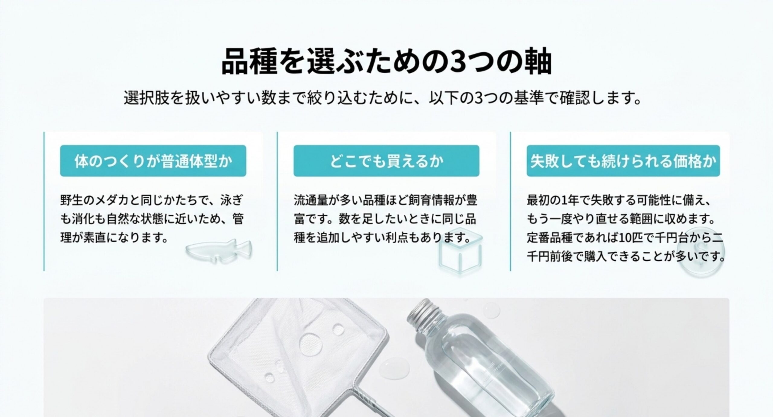 普通体型かどうか・どこでも買えるか・失敗しても続けられる価格かという3つの判断軸を並べたスライド