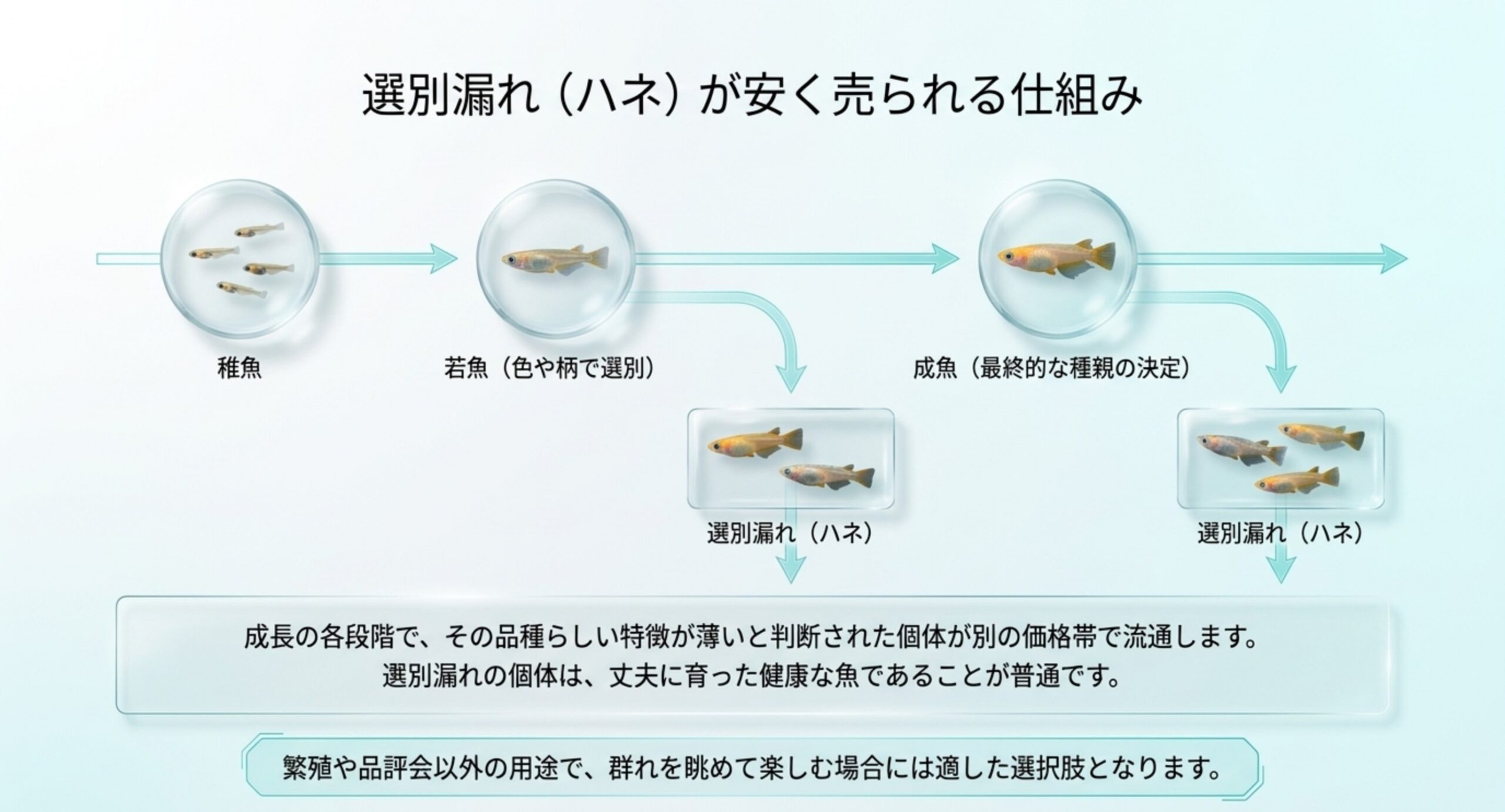 稚魚から若魚・成魚へ育つ各段階で選別漏れが別の価格帯へ流れていく流れを示した図のスライド