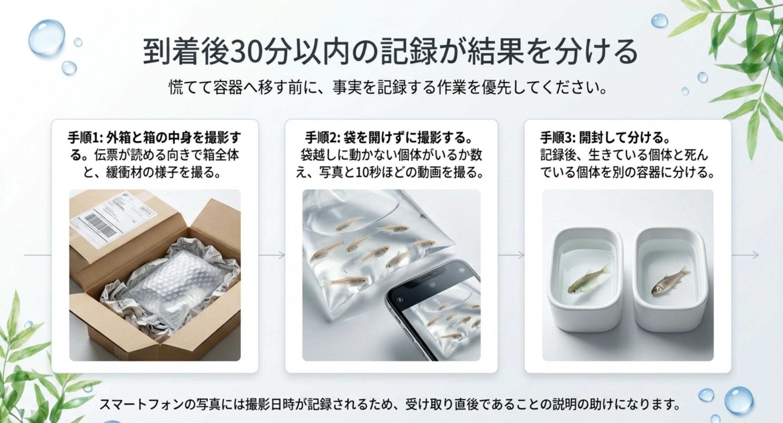 外箱の撮影・袋を開けずに撮影・開封して生死を分けるという到着後の3手順を左から順に並べたスライド