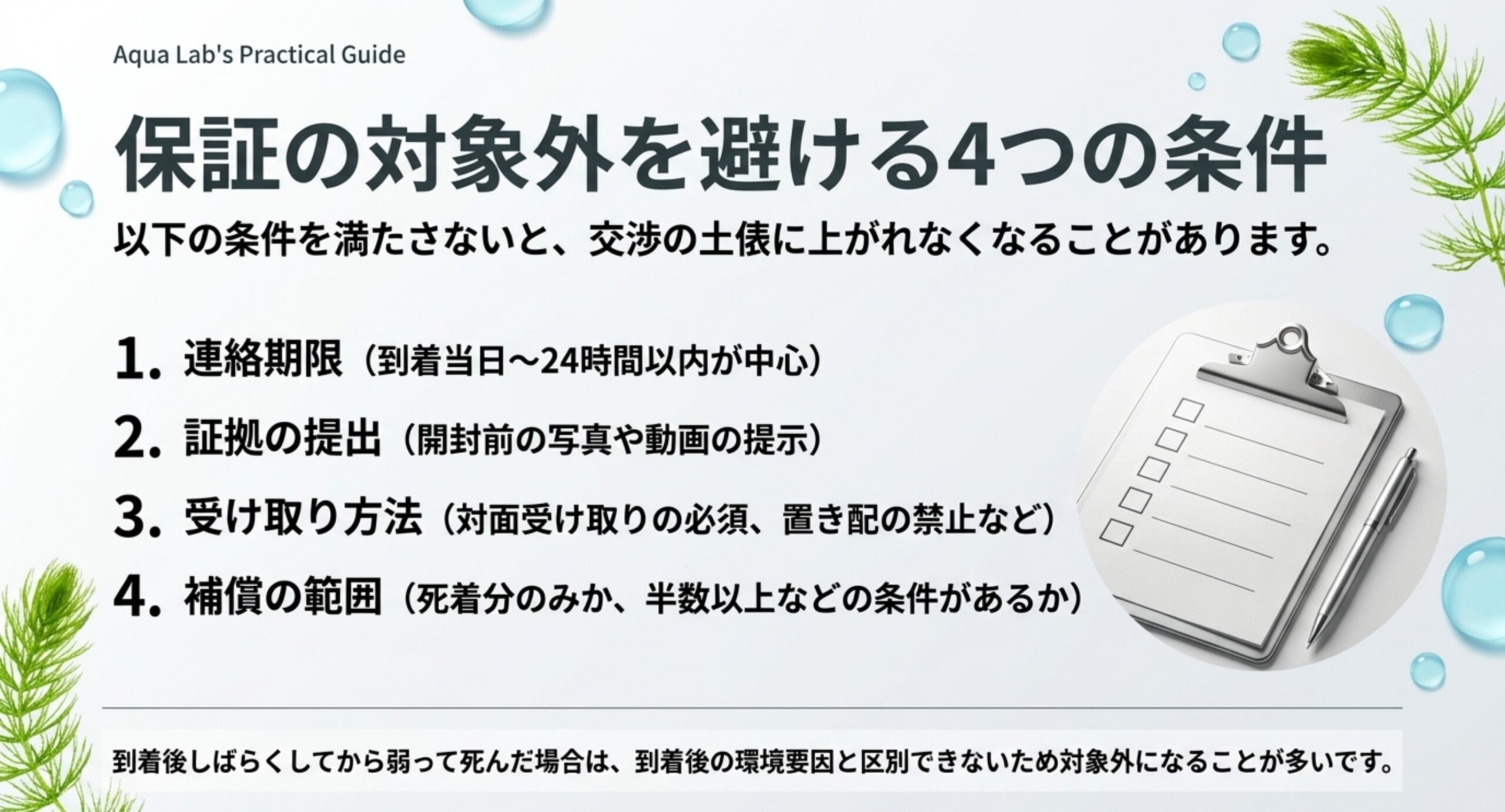 連絡期限・証拠の提出・受け取り方法・補償の範囲という保証の可否を分ける4条件を並べたスライド