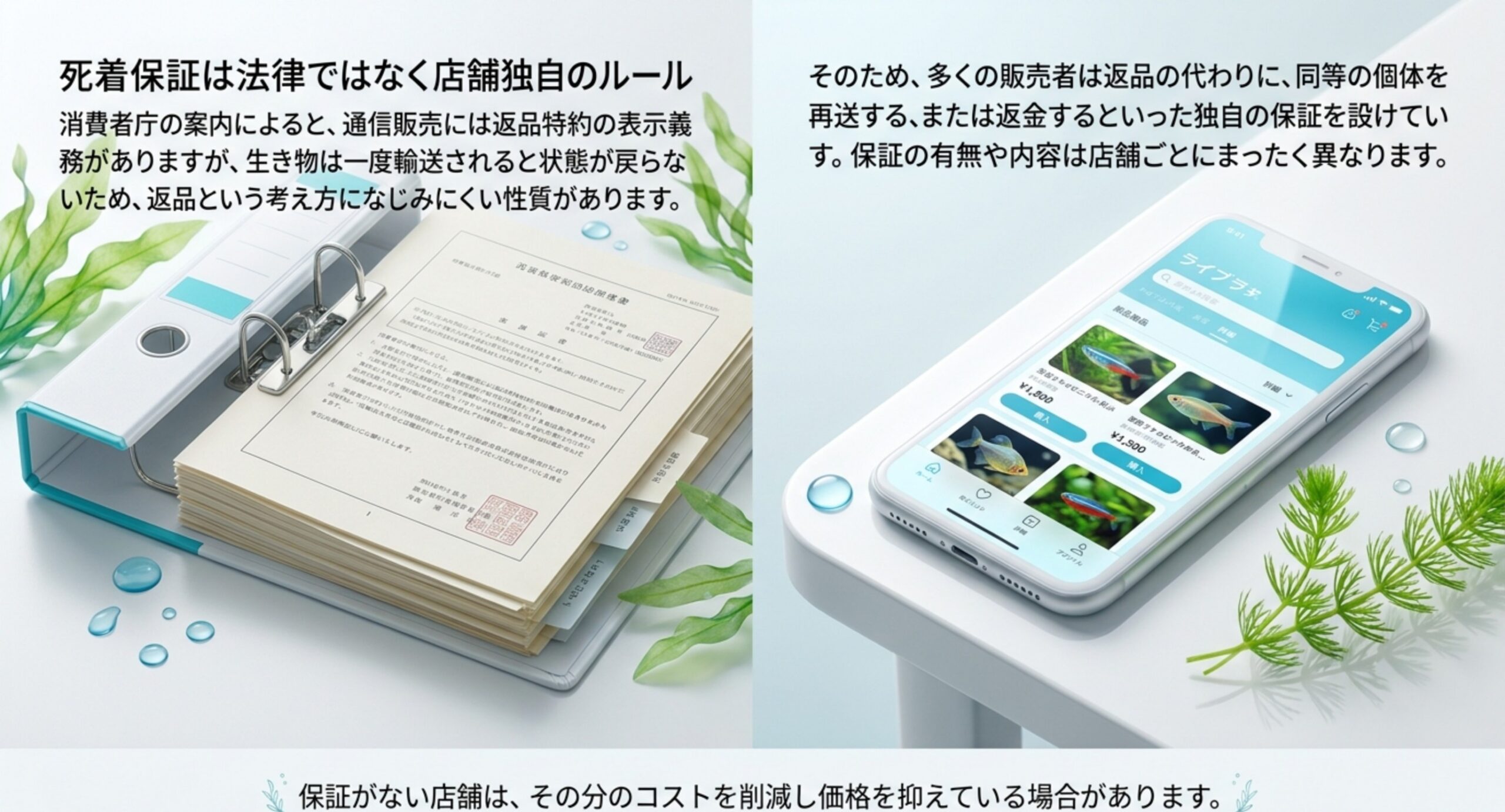 通信販売の返品特約と、生き物では返品になじまないため店舗ごとの保証が置かれる関係を説明したスライド