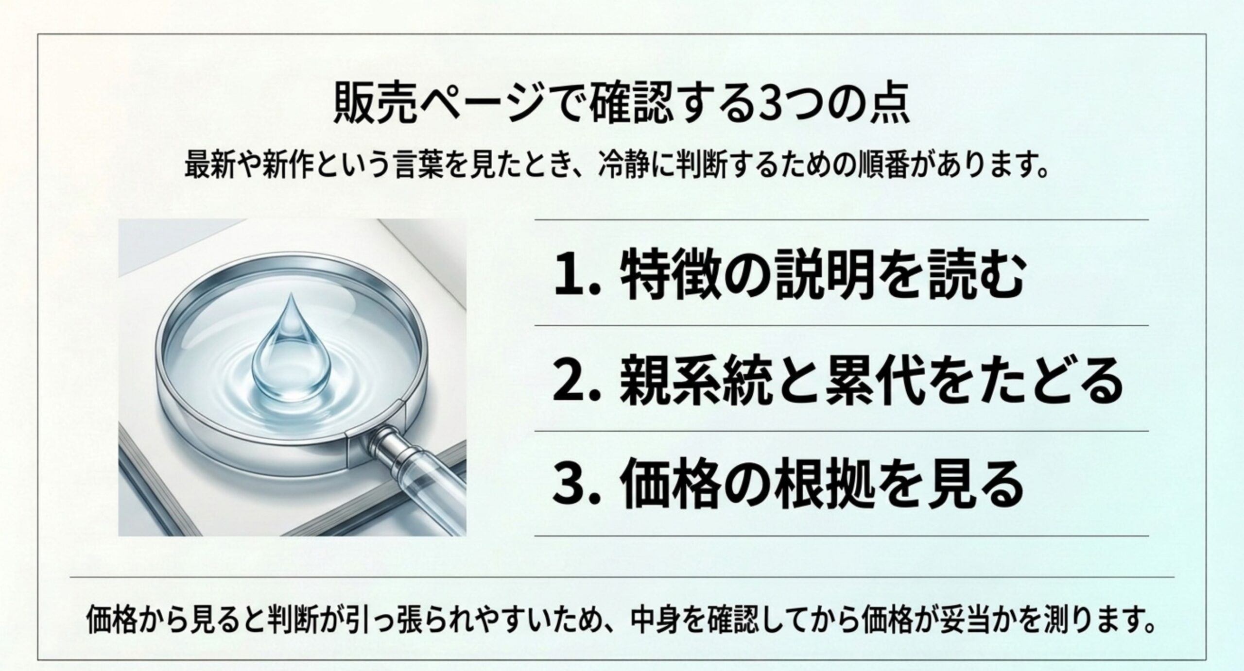 特徴の説明を読む・親系統と累代をたどる・価格の根拠を見るという3つの確認を順番に並べたスライド