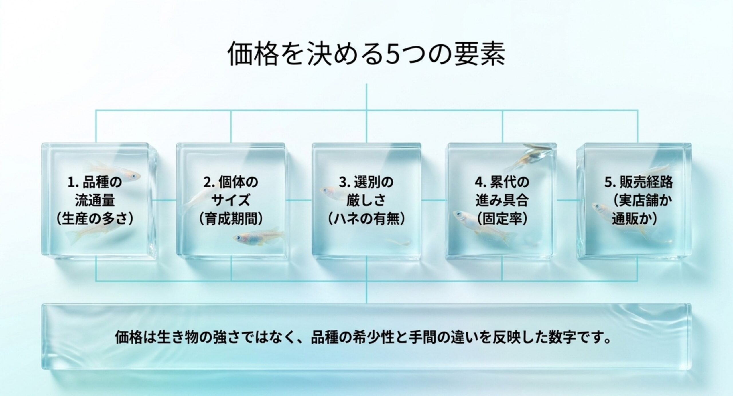 品種の流通量・個体のサイズ・選別の厳しさ・累代の進み具合・販売経路という5要素を並べたスライド