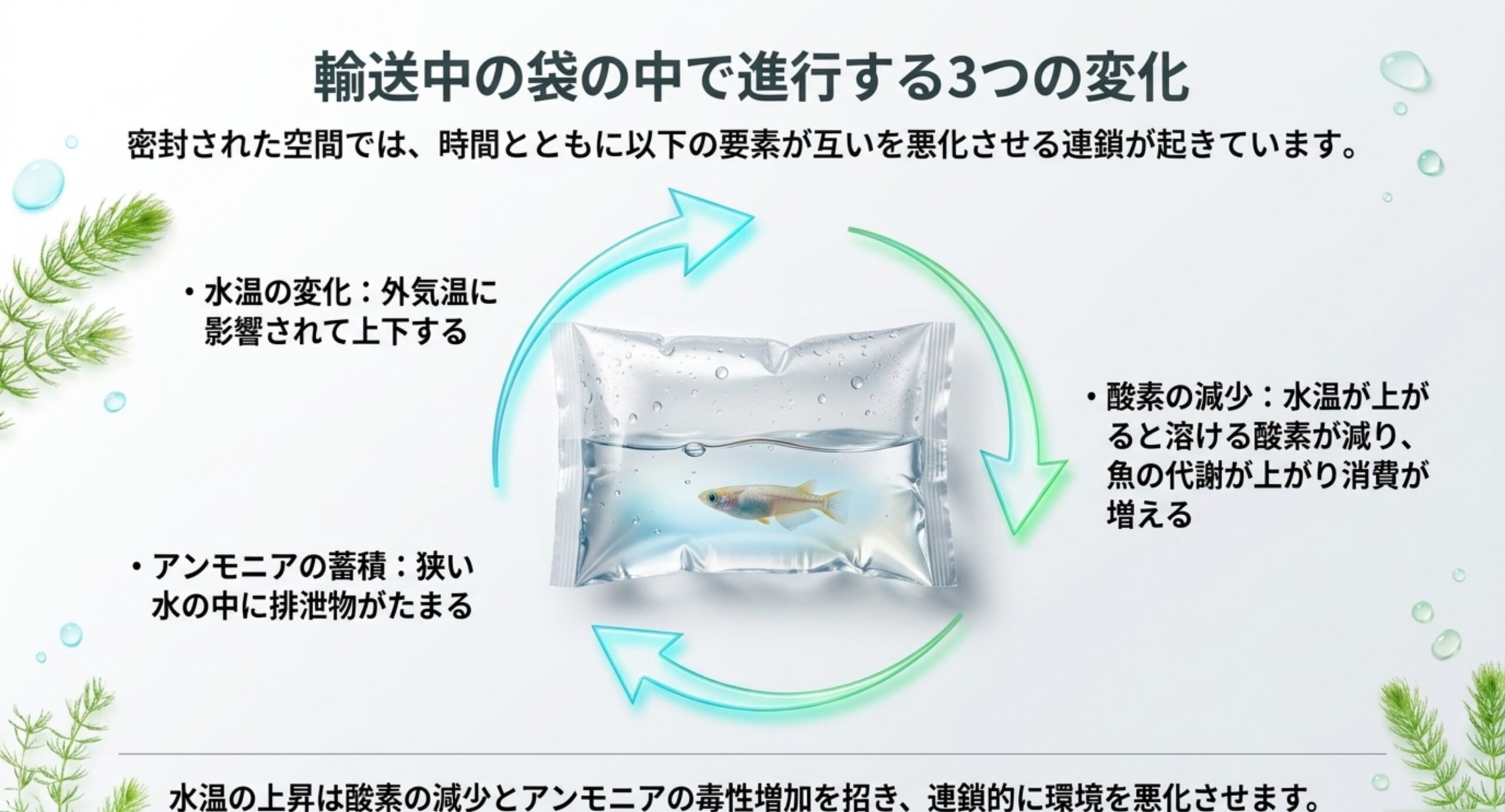 水温の変化・酸素の減少・アンモニアの蓄積という3つが互いを悪化させる連鎖を円で示したスライド
