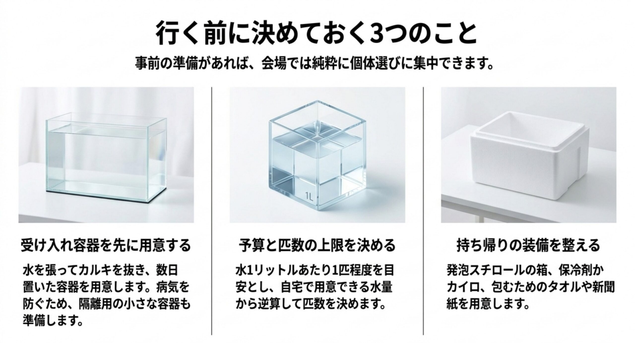 受け入れ容器・予算と匹数の上限・持ち帰りの装備という3つの準備を、容器と発泡スチロール箱の写真で示したスライド