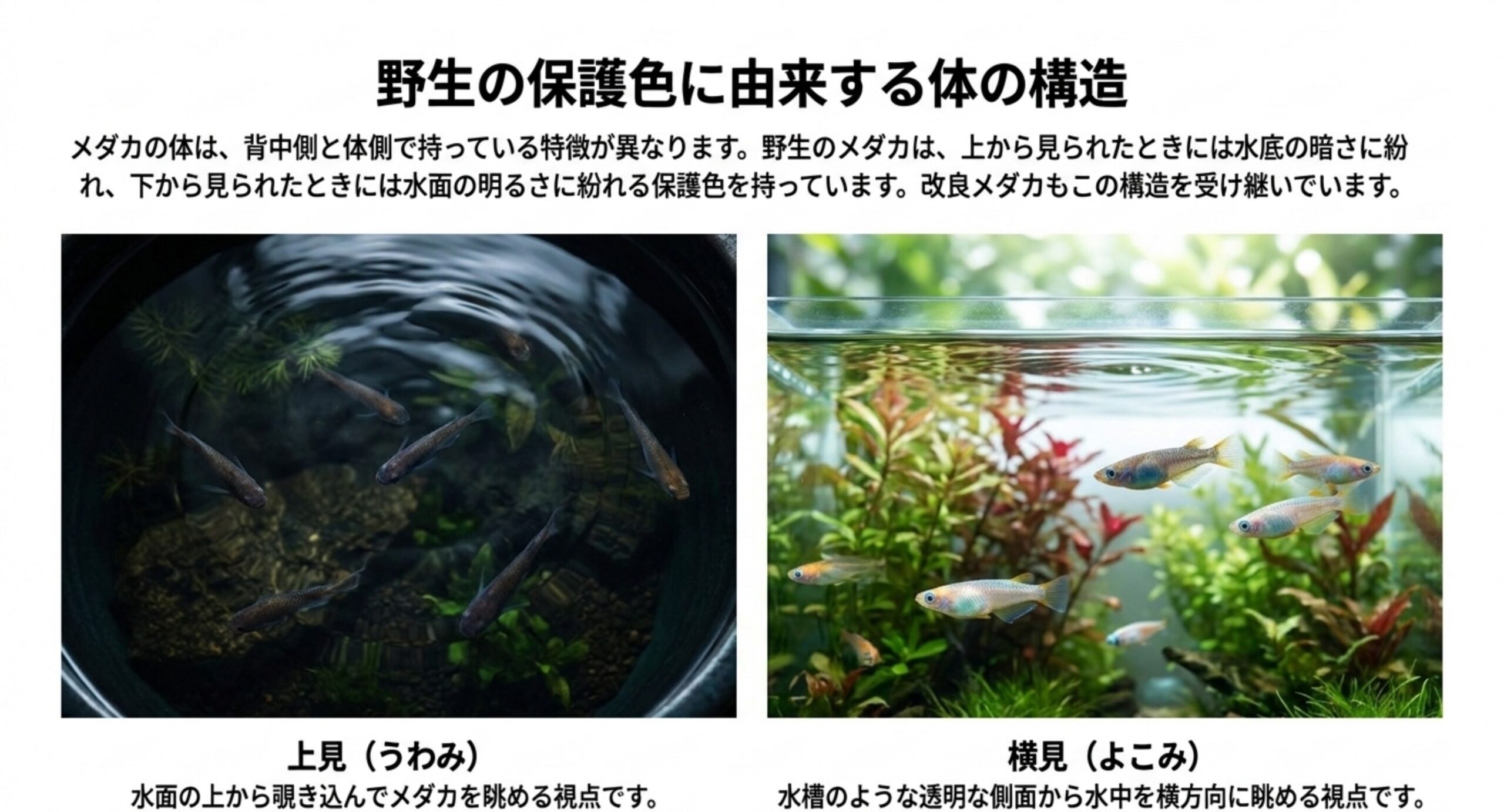 上から見た黒容器のメダカと横から見た水槽のメダカを並べ、背中側と体側で特徴が違うことを説明したスライド