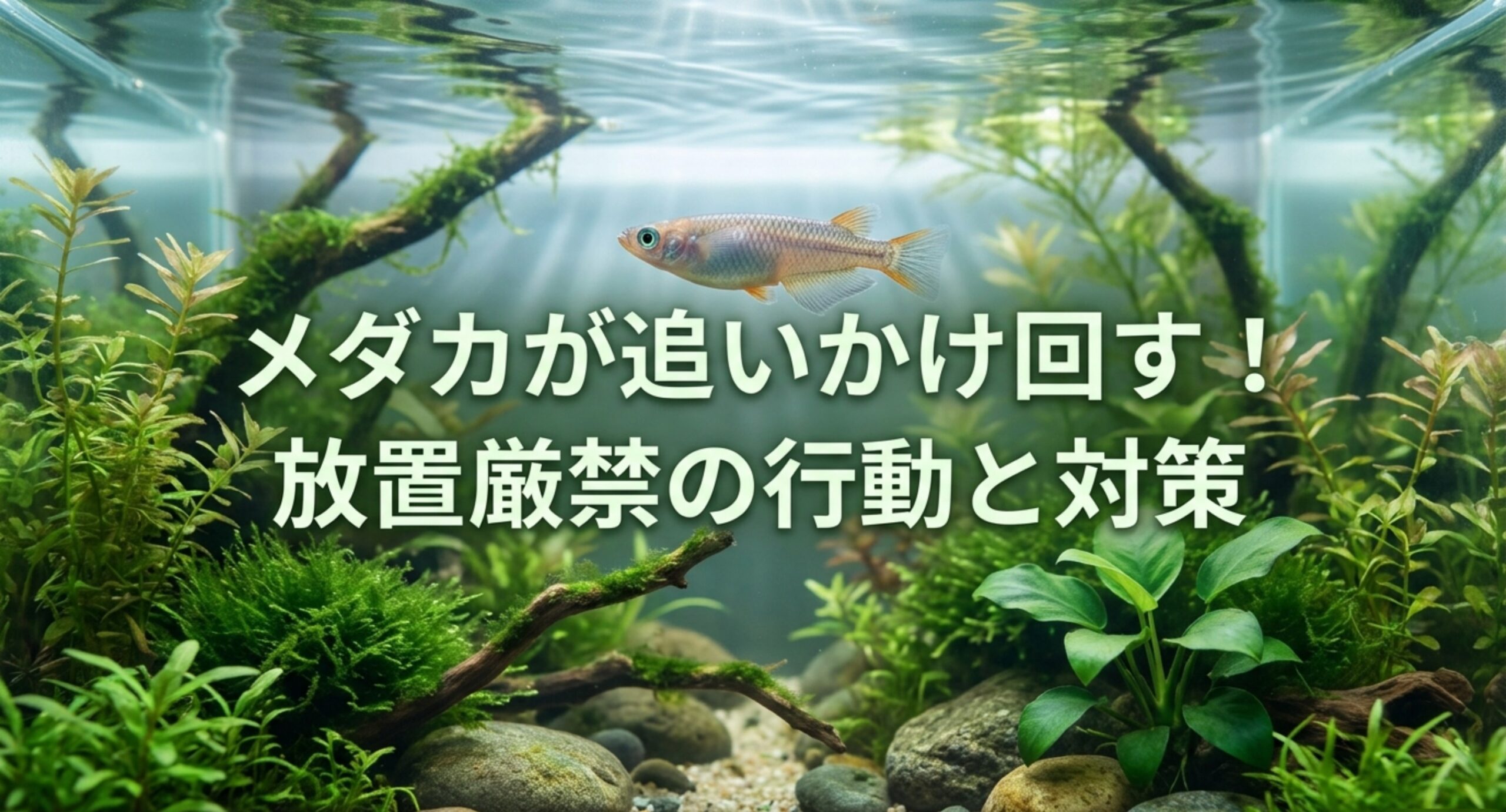 水草の茂った水槽を泳ぐメダカと、追いかけ回す行動の理由と対策を示す表紙