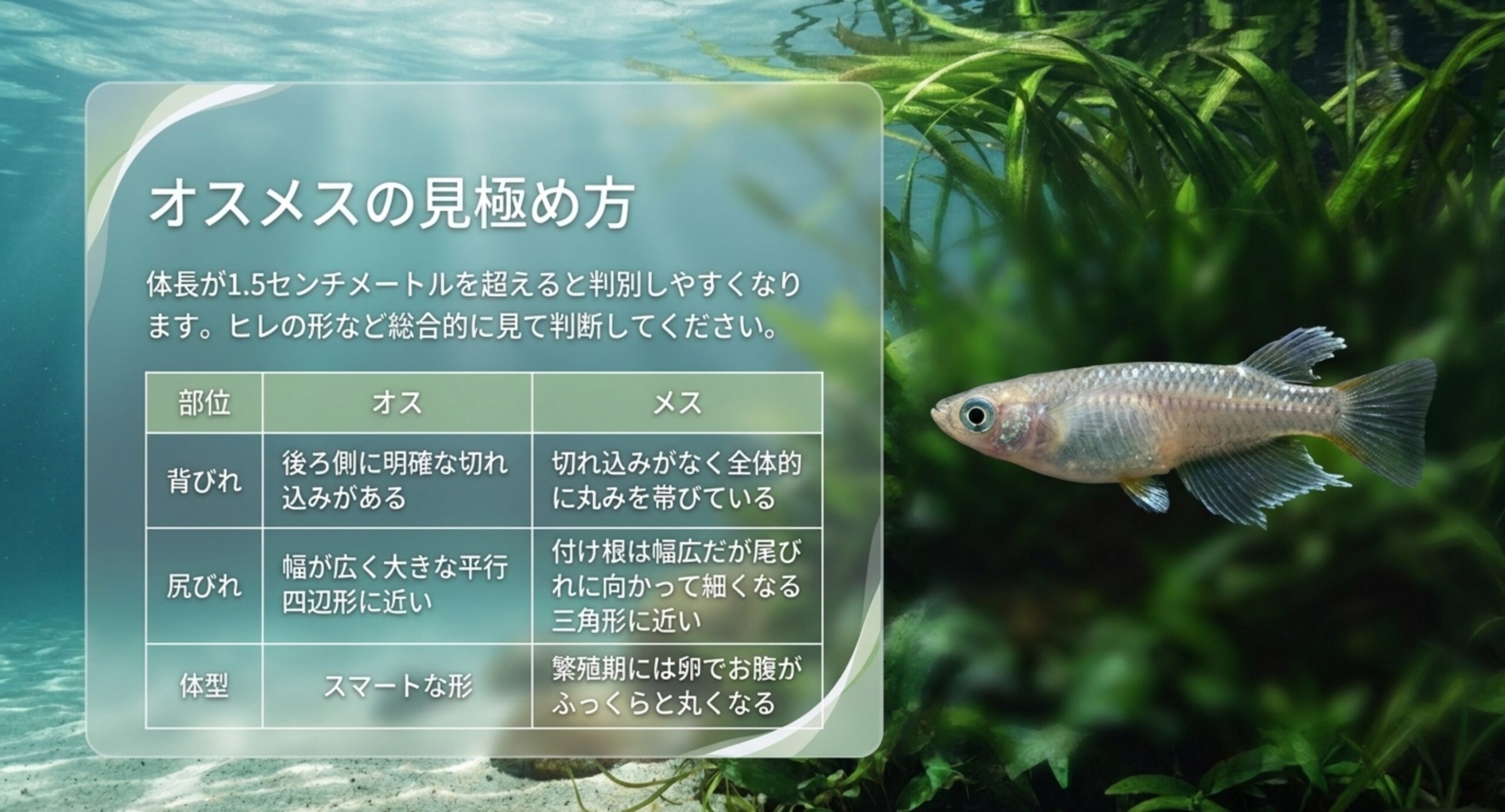 メダカのオスメスの見極め方 背びれ・尻びれ・体型でメダカのオスとメスを見分ける比較表