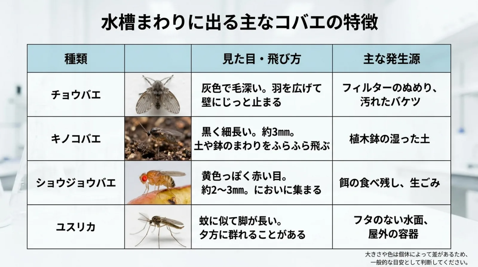 チョウバエ、キノコバエ、ショウジョウバエ、ユスリカの見た目と主な発生源を並べた比較表のスライド